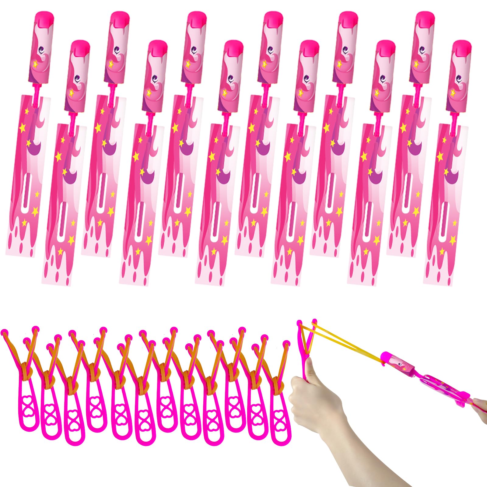 Unicorn Slingshot Outdoor Toys for Kids - LED Light Up Helicopter & Glow in The Dark Rocket Launcher Set with 12 Glow Sticks - Perfect for Birthday Parties, Backyard Games & Nighttime Play