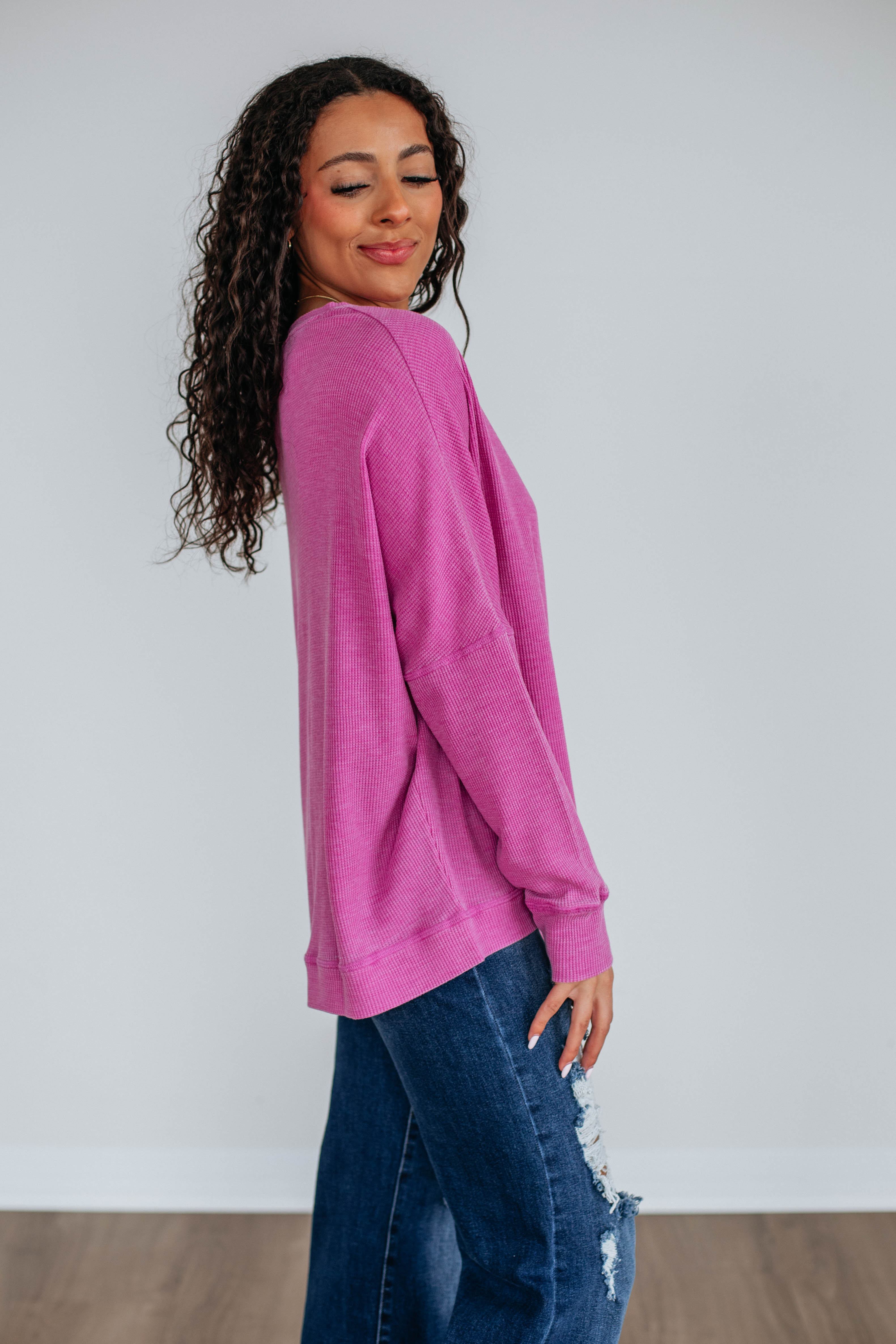 Breathable Waffle Knit Top for Women - Soft Orchid Color - Perfect for Casual Wear, Layering & Everyday Comfort