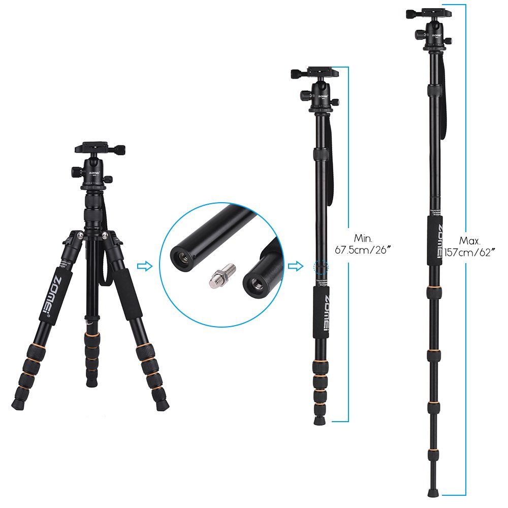 Q666 TRIPOD HUIOP Q666 59-Inch Lightweight Aluminum Alloy Camera Tripod Monopod with Ball Head & Quick Release Plate - Compact Travel Tripod for DSLR Cameras - Perfect for Photography, Vlogging, and Outdoor Adventures