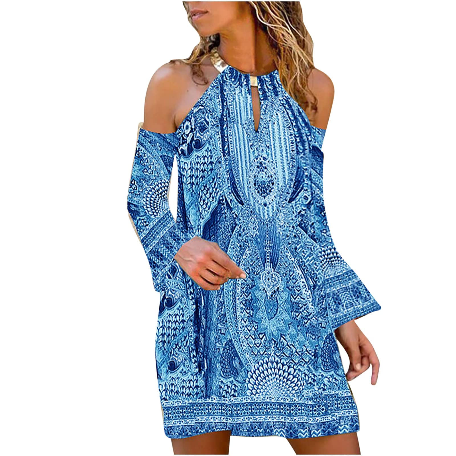 Women's Off Shoulder Vintage Floral Mini Dress - Elegant Boho Halter Dress for Beach Vacation & Summer Parties | Perfect for Casual Outings, Date Nights & Tropical Getaways