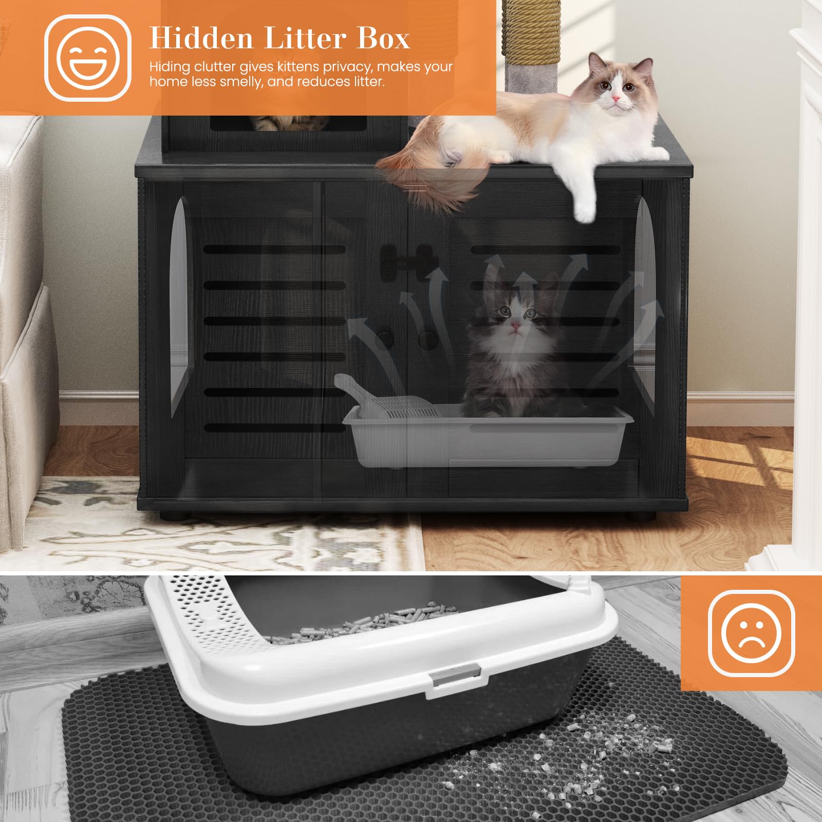 DKLGG Large Wooden Cat Tree with Hidden Litter Box Enclosure - Multi-Level Cat House with Sisal Scratching Post, Plush Perch & Washroom Divider - Perfect for Indoor Cats & Small Spaces