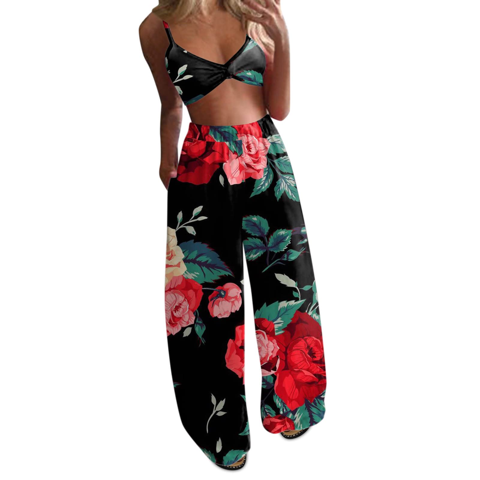 Boho Wide Leg Pants Set for Women - 2 Piece Loose Printed Crop Top & Trousers Outfit | Casual Summer Beach Wear, Yoga Pants, Vacation Outfits