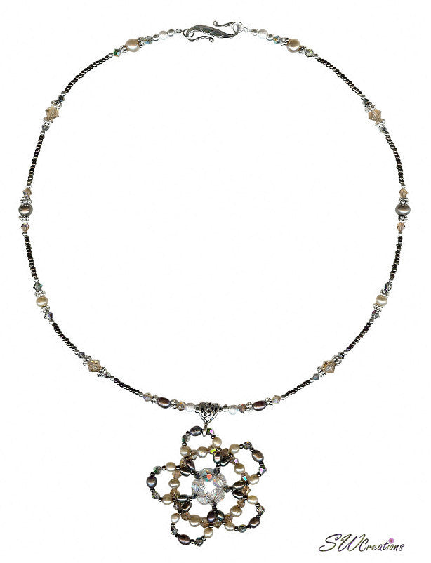 Hazelnut Coffee Floral Crystal Pearl Beaded Necklace - Elegant Handmade Jewelry for Women, Boho Chic Accessory for Parties, Weddings & Everyday Wear