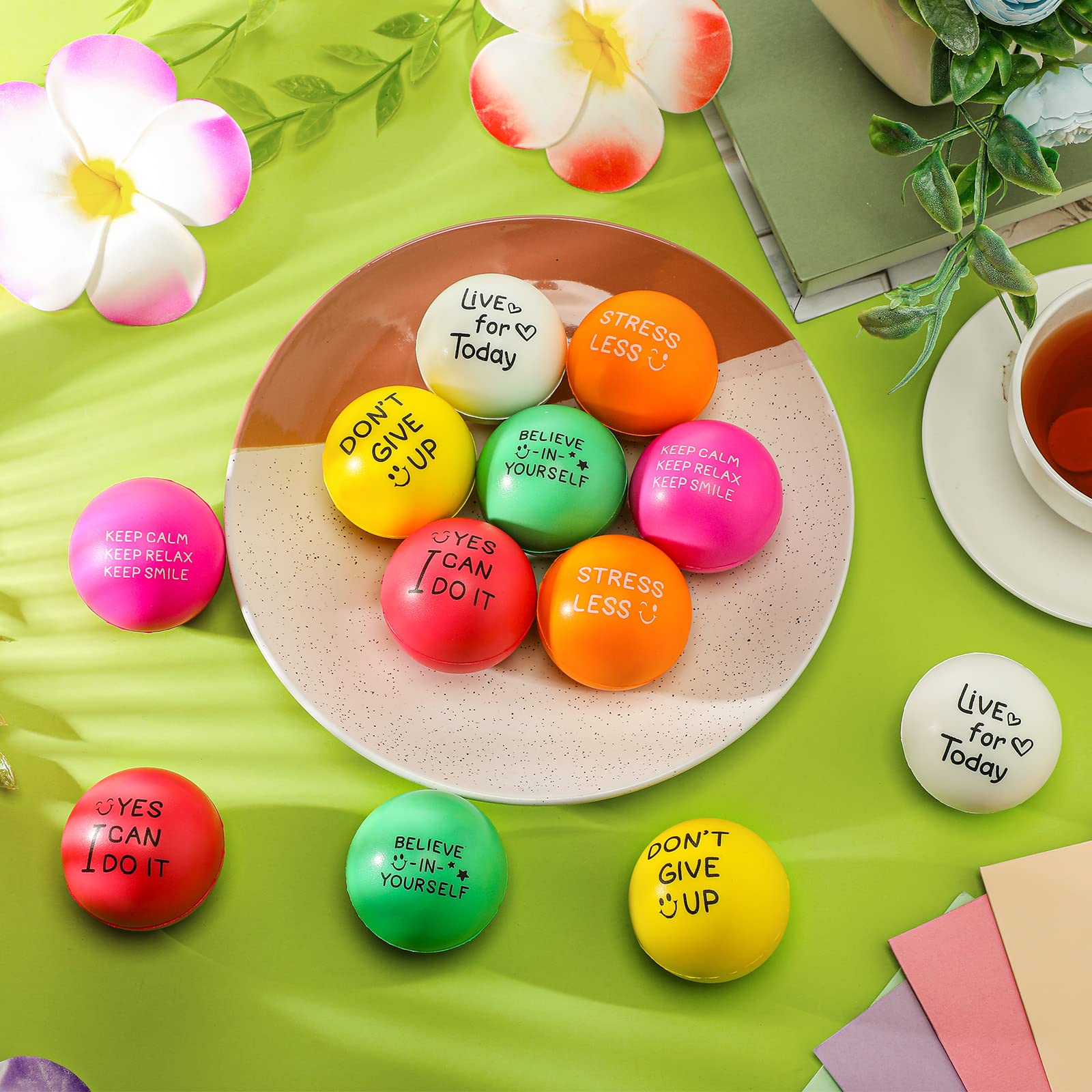 60 Pack Motivational Stress Relief Balls - 1.97 Inch Inspirational Anxiety Relief Squeeze Toys with Encouraging Quotes, Colorful Foam Hand Exercise Balls for Office, Classroom & Home Stress Relief (Bright Colors)