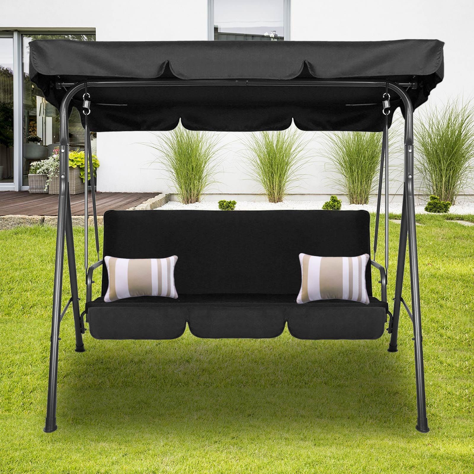 Milano Outdoor Swing Bench with Canopy - 3 Seater Garden Hammock Chair in Black | Perfect for Patio, Backyard & Porch Relaxation