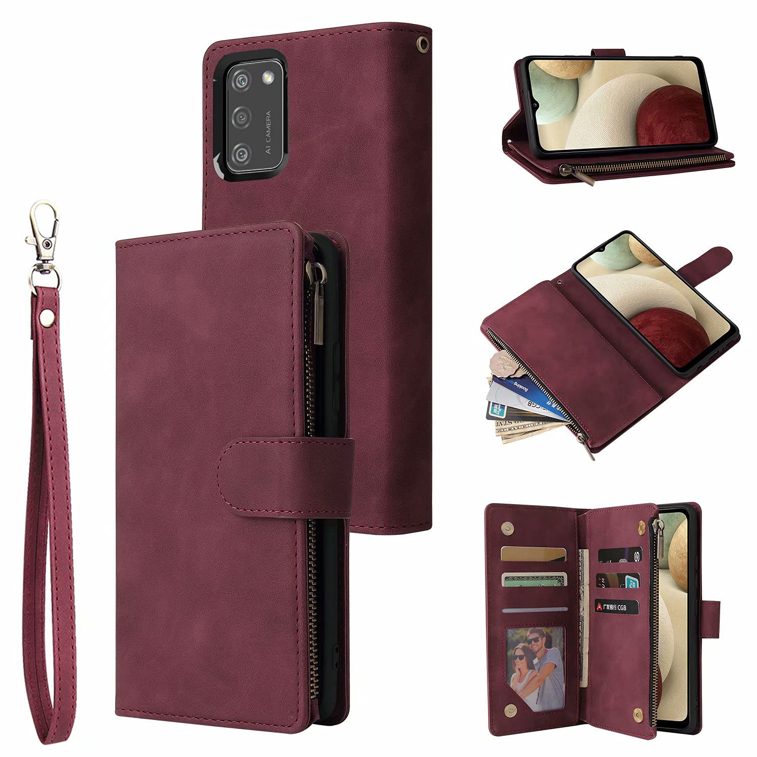 Premium Leather Wallet Case for Samsung Galaxy A02S - Luxury Folio Flip Cover with Zipper Pocket, Wrist Strap & Kickstand (Wine Red) | Perfect for Work, Travel & Everyday Protection