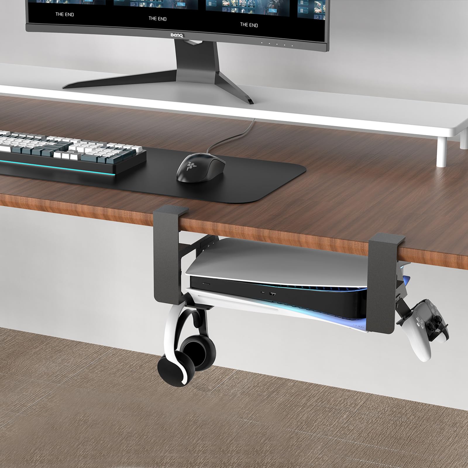 Non-Drill Under Desk Mount for PS5 & PS5 Slim - Heavy Duty Metal Gaming Console Holder with Hooks for PS5 Disc/Digital Edition - Perfect for Home Office, Gaming Room & Space-Saving Setup
