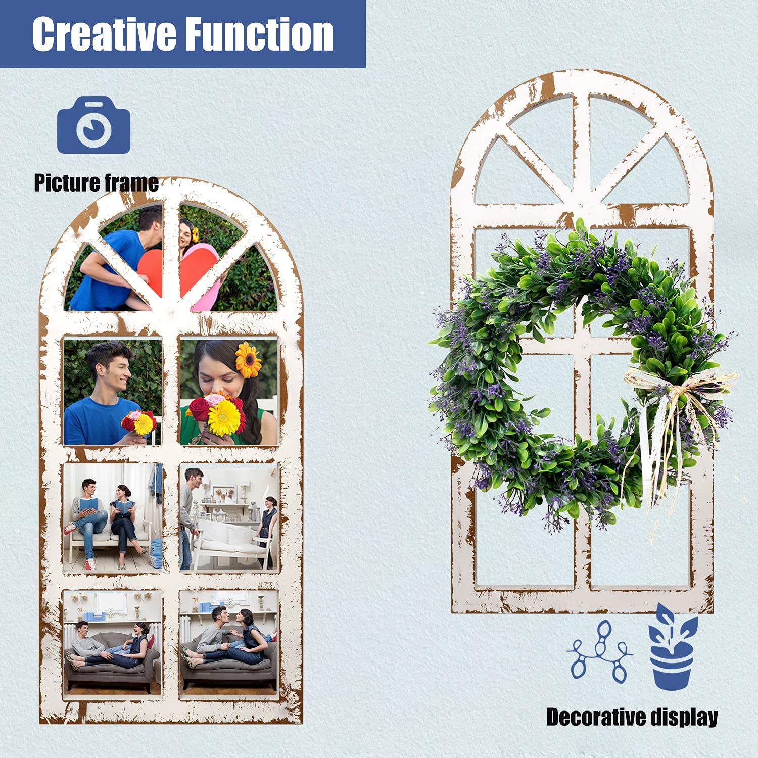 Rustic Wood Window Frame Wall Decor - Farmhouse Style Cathedral Arched Wall Art for Bedroom, Living Room, Kitchen, and Office (Pair)