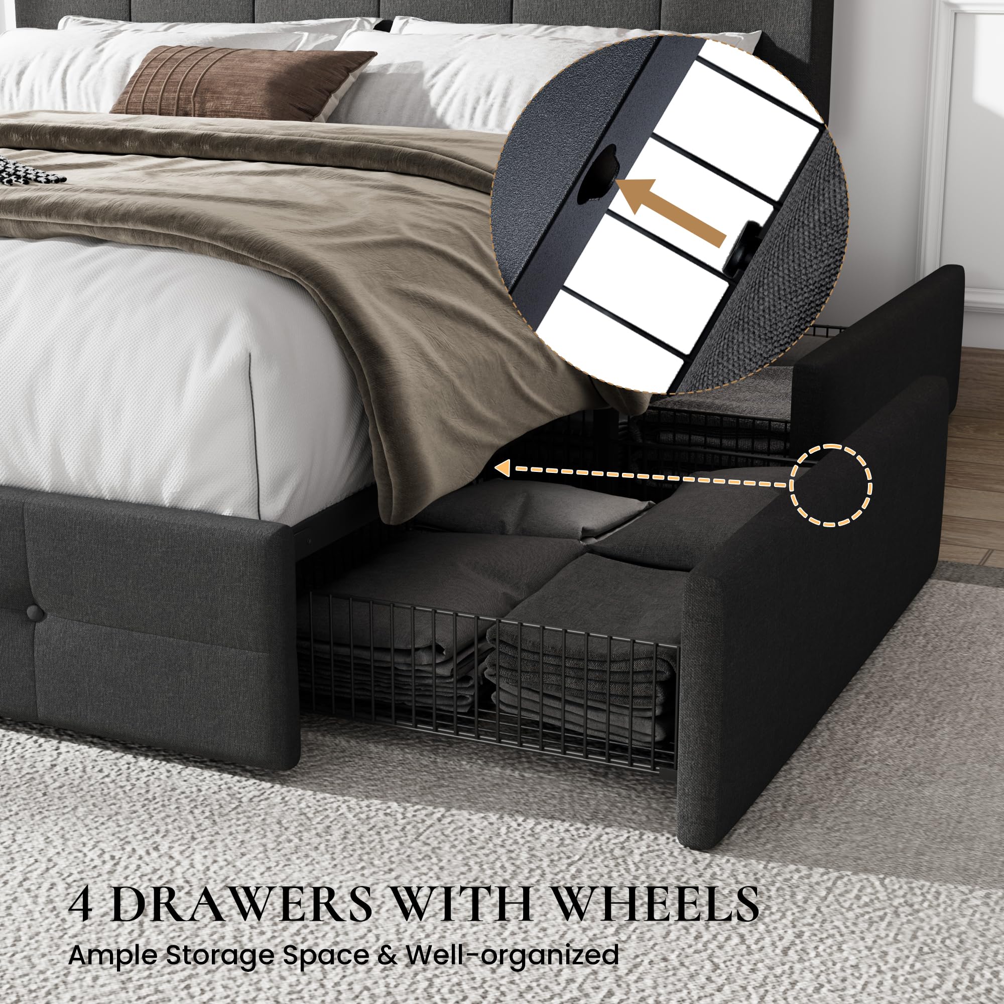 SHA CERLIN Upholstered King Size Platform Bed Frame with 4 Storage Drawers - Adjustable Headboard, Square Stitched Button Tufted Design, Wooden Slat Support, No Box Spring Needed, Dark Grey - Perfect for Master Bedroom, Guest Room & Small Space Storage Solutions