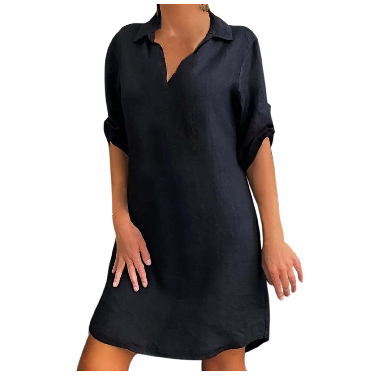Women's Plus Size Mini Dress - Fashionable Solid Cotton Linen Shirt Dress with Turn Down Collar | Perfect for Office Wear, Casual Outings & Summer Vacations