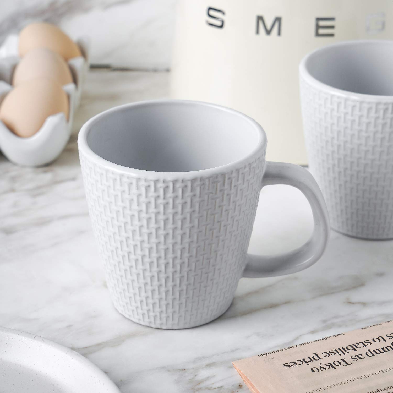 Olivia White Stoneware Dish Set - 4 Weave Stoneware Mugs for Coffee, Tea & Hot Beverages - Perfect for Breakfast, Kitchen & Dining Room Decor