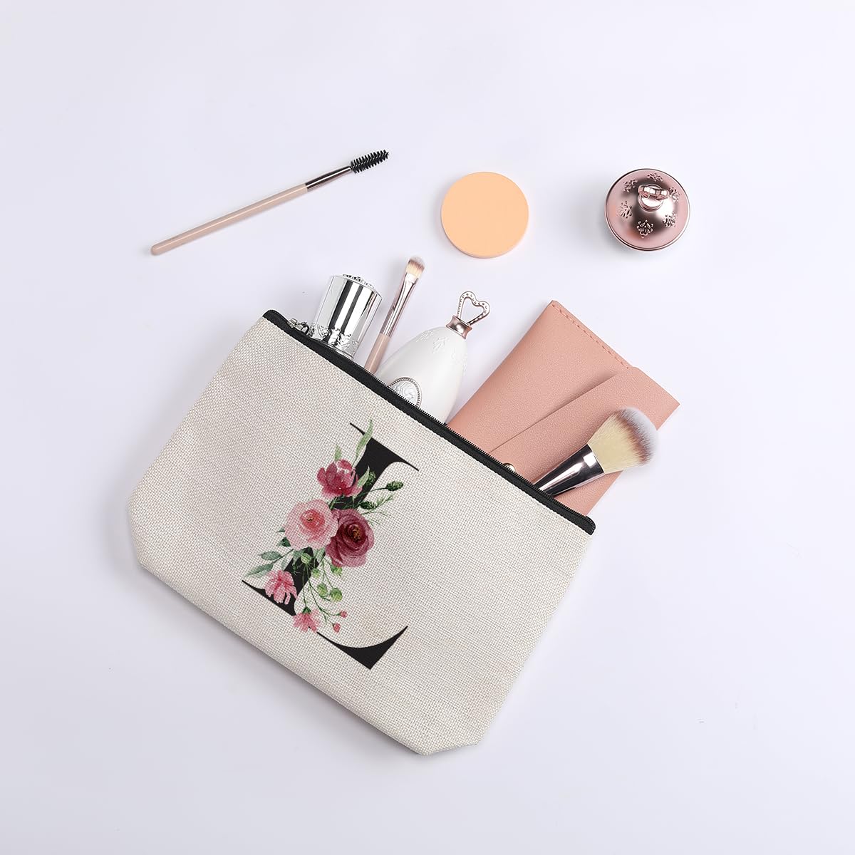 Personalized Initial Makeup Bag - Monogrammed Cosmetic Pouch for Women (Letter L) | Bridesmaid Gifts, Birthday Present for Mom, Best Friend Gift Idea | Perfect for Travel, Wedding Essentials & Daily Beauty Storage