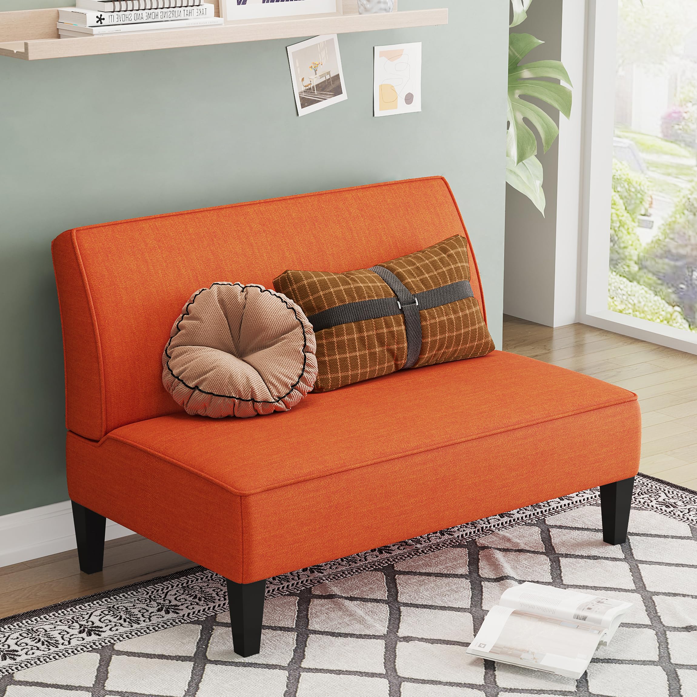 Yongqiang Small Loveseat Mini Sofa - Upholstered Accent Bench with Backrest, Armless Love Seat for Living Room, Bedroom & Office - Perfect for Small Spaces, Reading Nooks & Cozy Corners - Orange