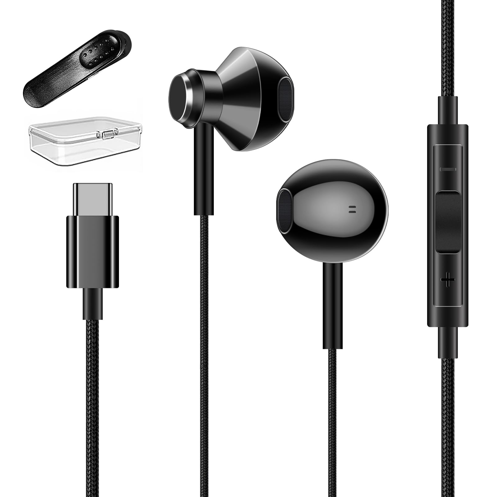 USB-C Earbuds with Mic & Volume Control - Hi-Res In-Ear Headphones for iPhone 16/15 Pro Max, iPad, Samsung Galaxy S24/S23 Ultra/S22, Google Pixel & Motorola | Noise Isolating Fabric Cable for Commuting, Workouts & Gaming