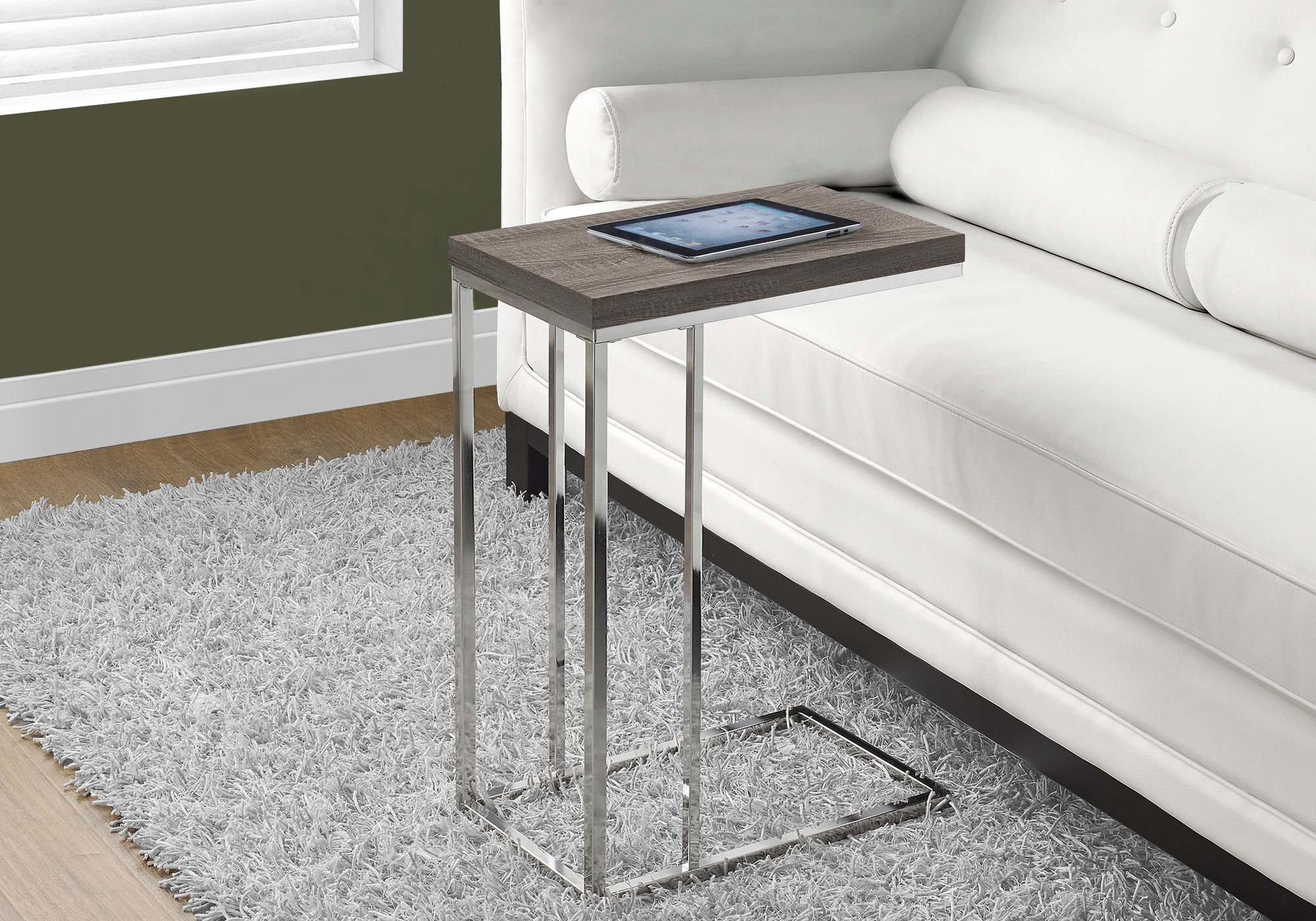 Modern Dark Taupe Accent Table with Chrome Metal Legs - Perfect for Living Room, Bedroom, or Entryway Decor