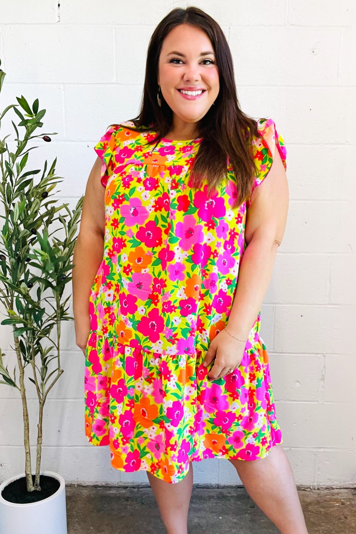 Be Charming Lime & Pink Floral Print Tiered Ruffle Sleeve Dress - Women's Summer Party Dress for Weddings, Garden Parties & Date Nights