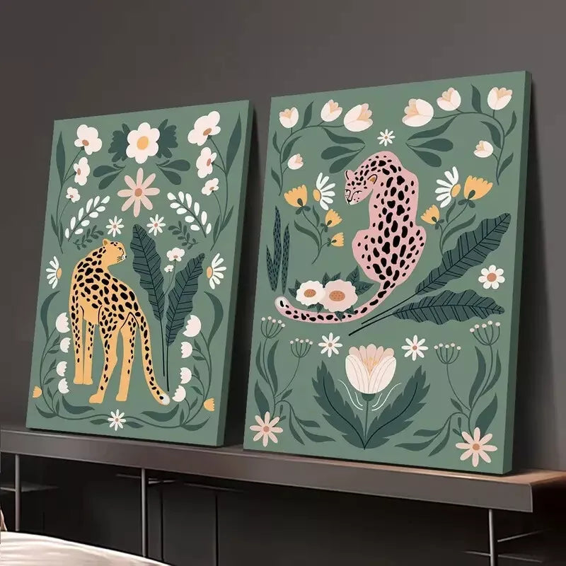 2PCS Cheetah Floral Botanical Canvas Wall Art - 50x75cm Framed High-Quality Print - 100% Australian Made - Ready to Hang for Living Room, Bedroom & Office Decor