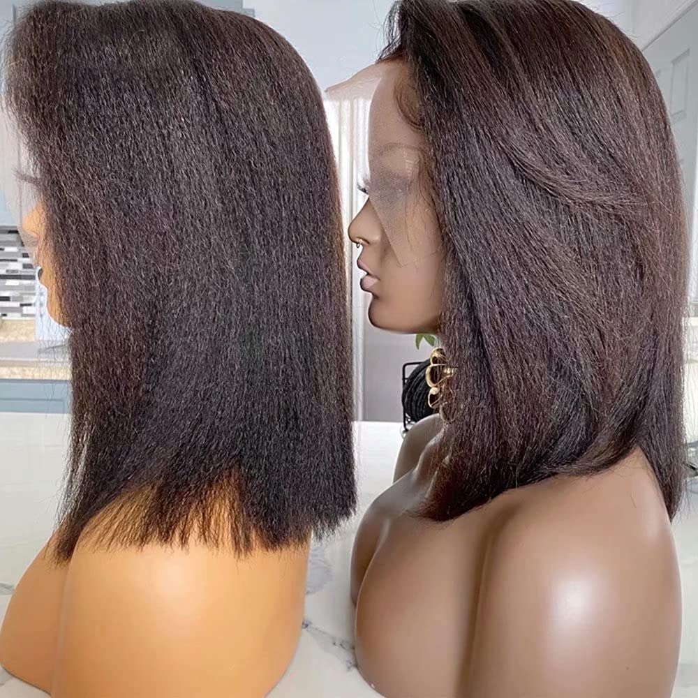 QUINLUX 13x6 Short Bob Italian Yaki Lace Front Wig - 150% Density Kinky Straight Human Hair Wig for Black Women | HD Transparent Lace | Pre-Plucked with Baby Hair | 12 Inch Peruvian Yaki Wig | Perfect for Daily Wear, Cosplay & Protective Styling