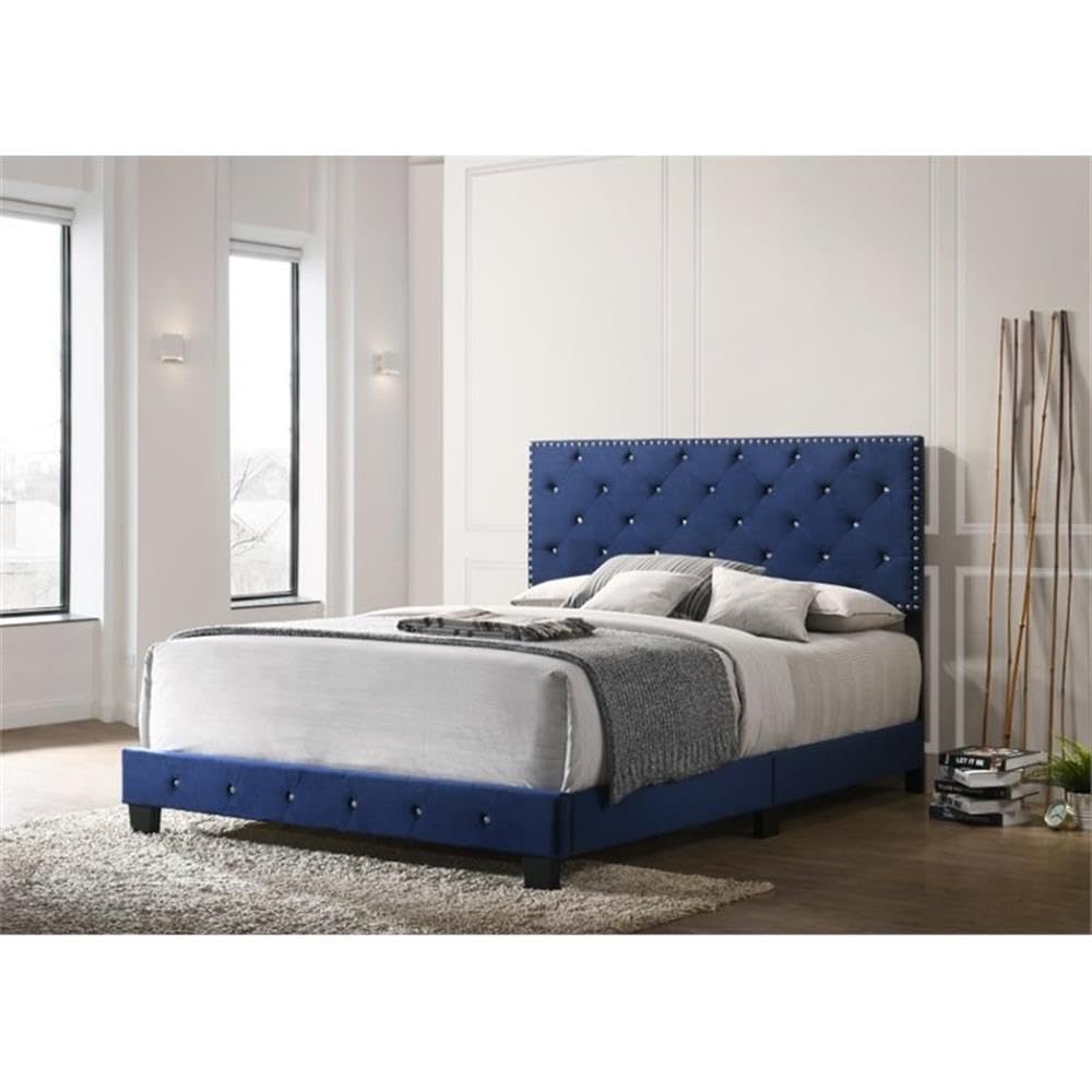 Glory Furniture Suffolk Velvet Upholstered Queen Bed Frame in Navy Blue - Luxurious Bedroom Furniture for Master Bedroom & Guest Room