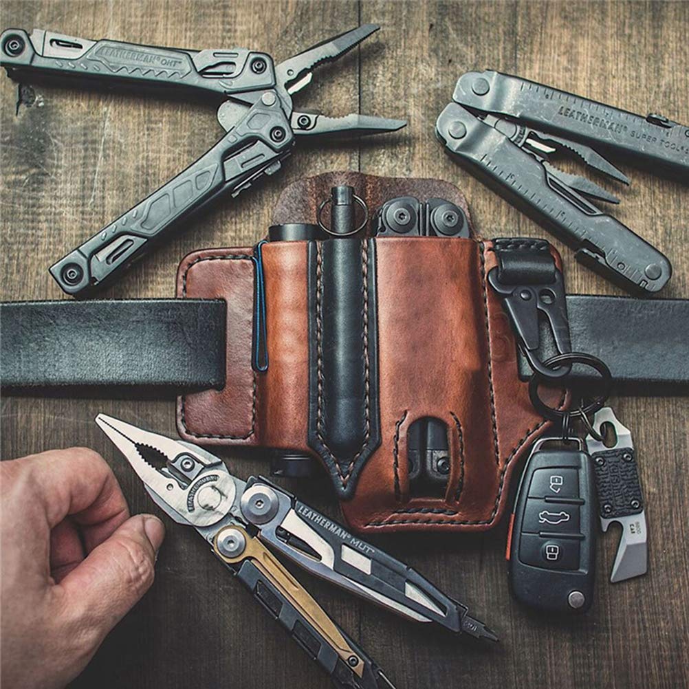 BestEvery Leather Multitool Sheath for Belt - EDC Pocket Organizer with Pen Holder, Key Fob & Flashlight Loop - Durable Leatherman Pouch for Outdoor, Camping & Everyday Carry (Black)