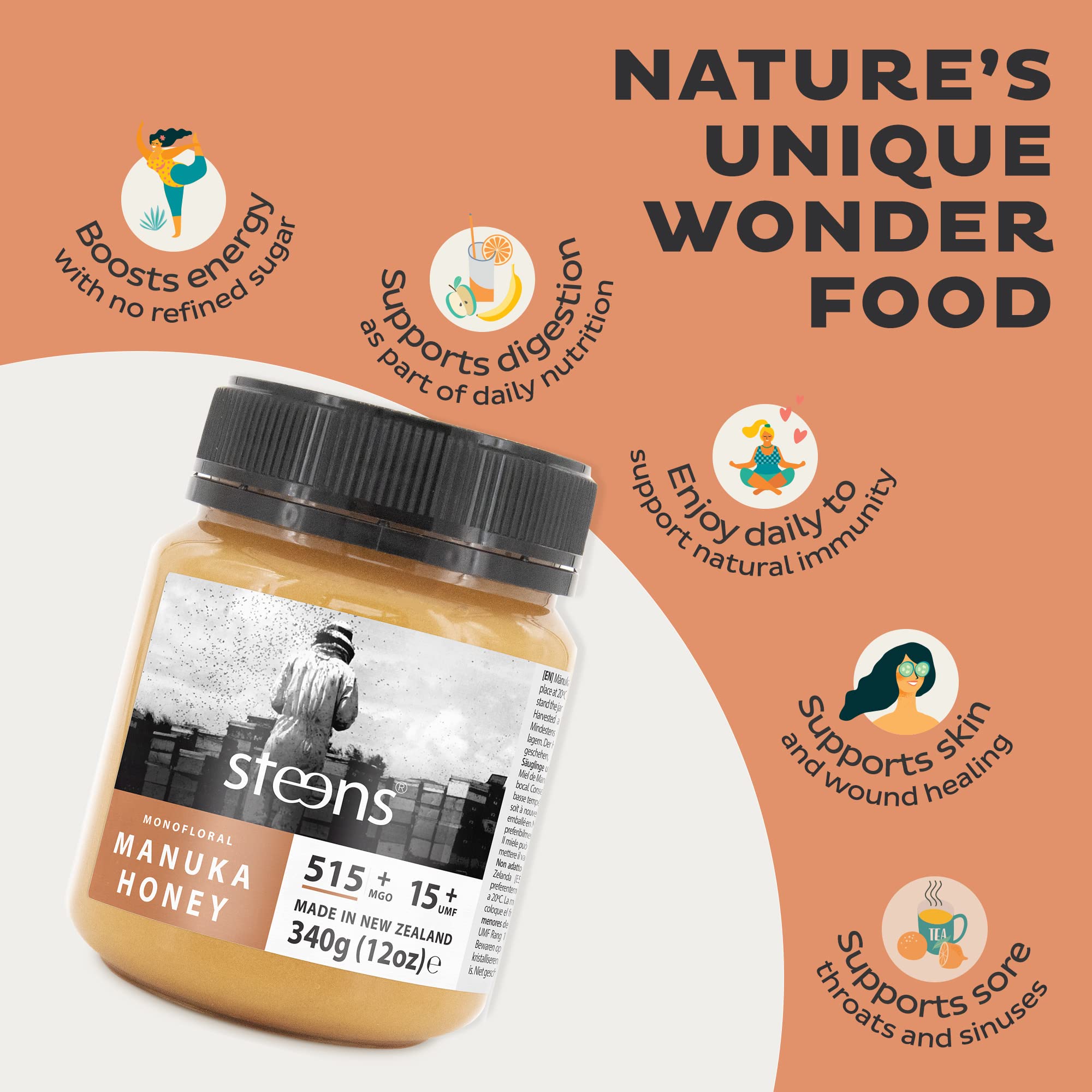 STEENS NZ Beekeeper 15+ MGO Manuka Honey 340g - Raw & Pure New Zealand Honey for Immune Support, Wellness & Daily Nutrition