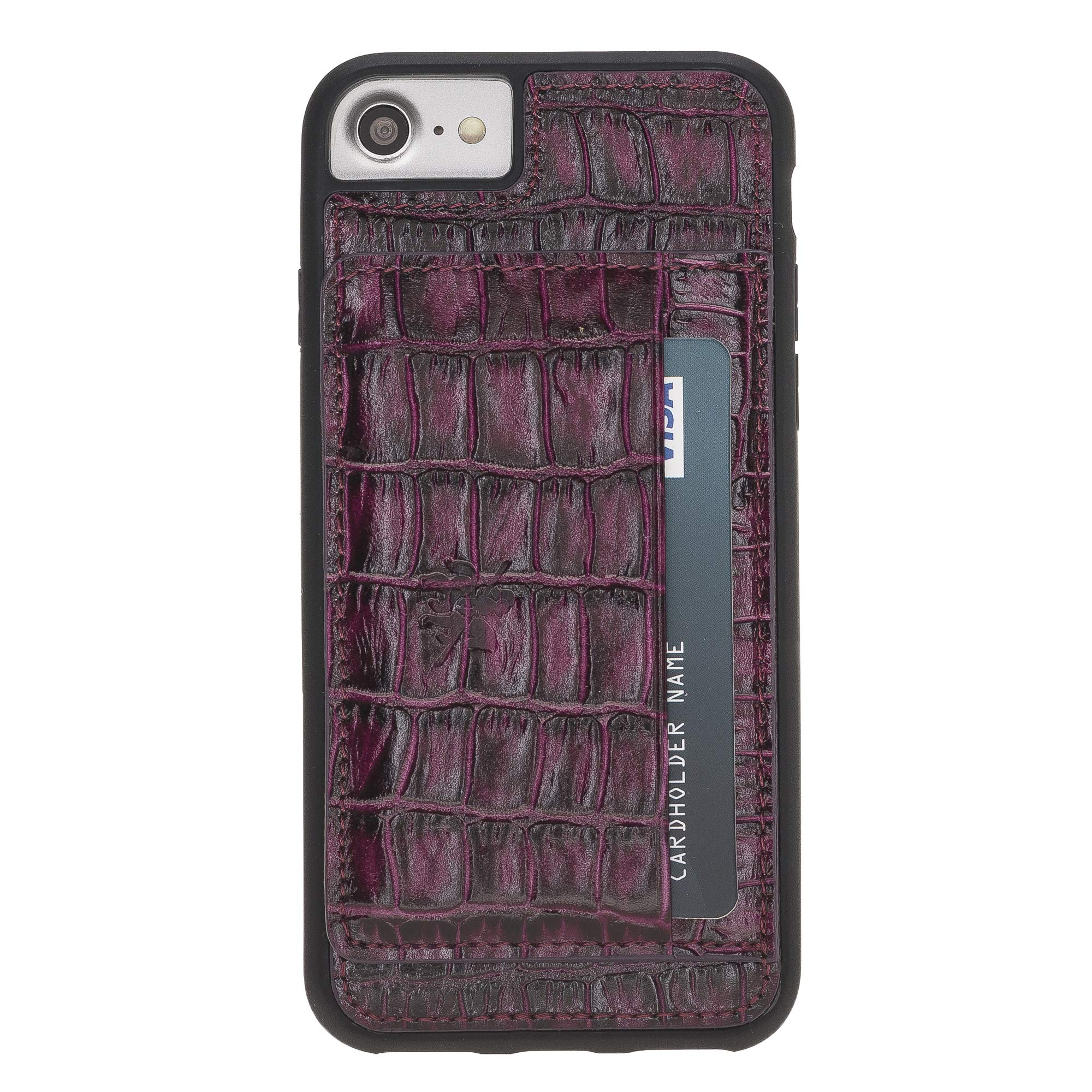 Premium Genuine Leather Wallet Case for iPhone SE 2020/2022 & iPhone 8/7 - Purple Crocodile Pattern with Card Slots & Kickstand | Perfect for Everyday Use, Travel, and Business Meetings