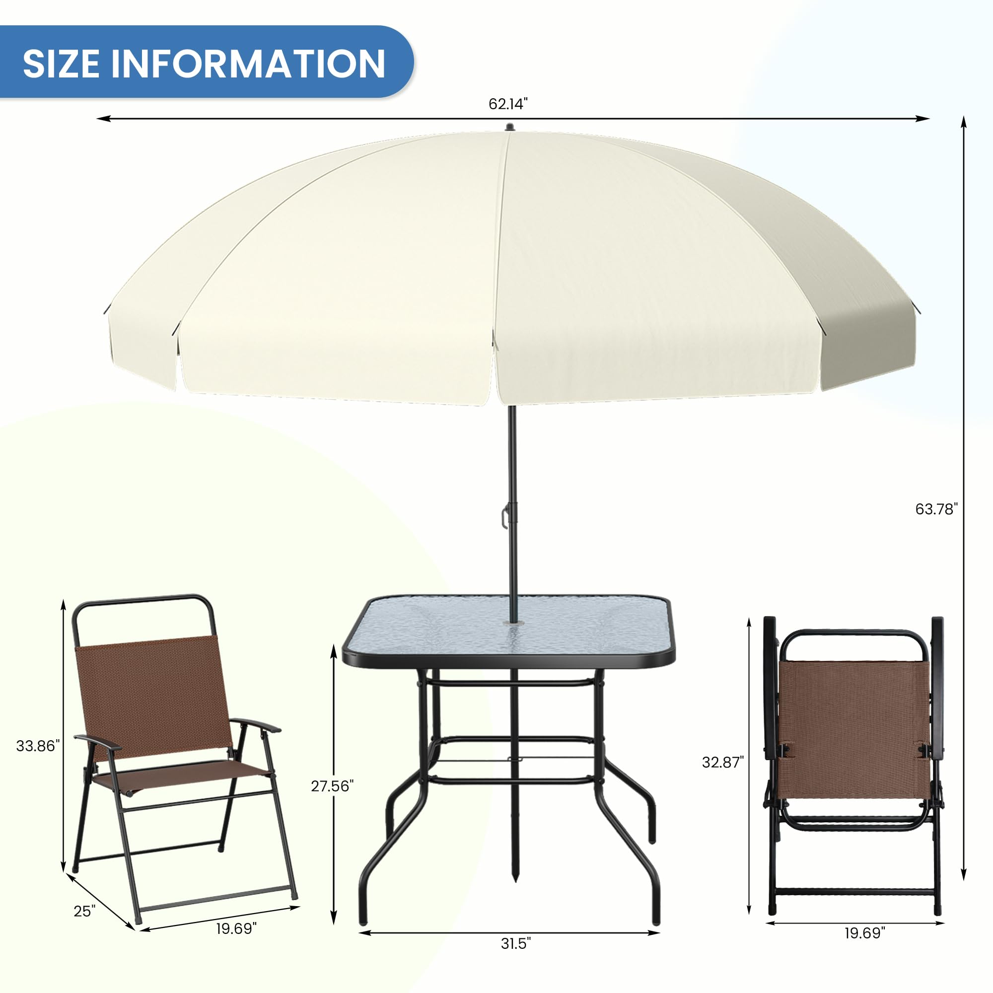 **UDPATIO 6-Piece Outdoor Patio Dining Set with Umbrella - 4 Folding Chairs & Tempered Glass Table - Perfect for Deck, Backyard, Poolside, Lawn, Garden or BBQ Parties (Brown)**