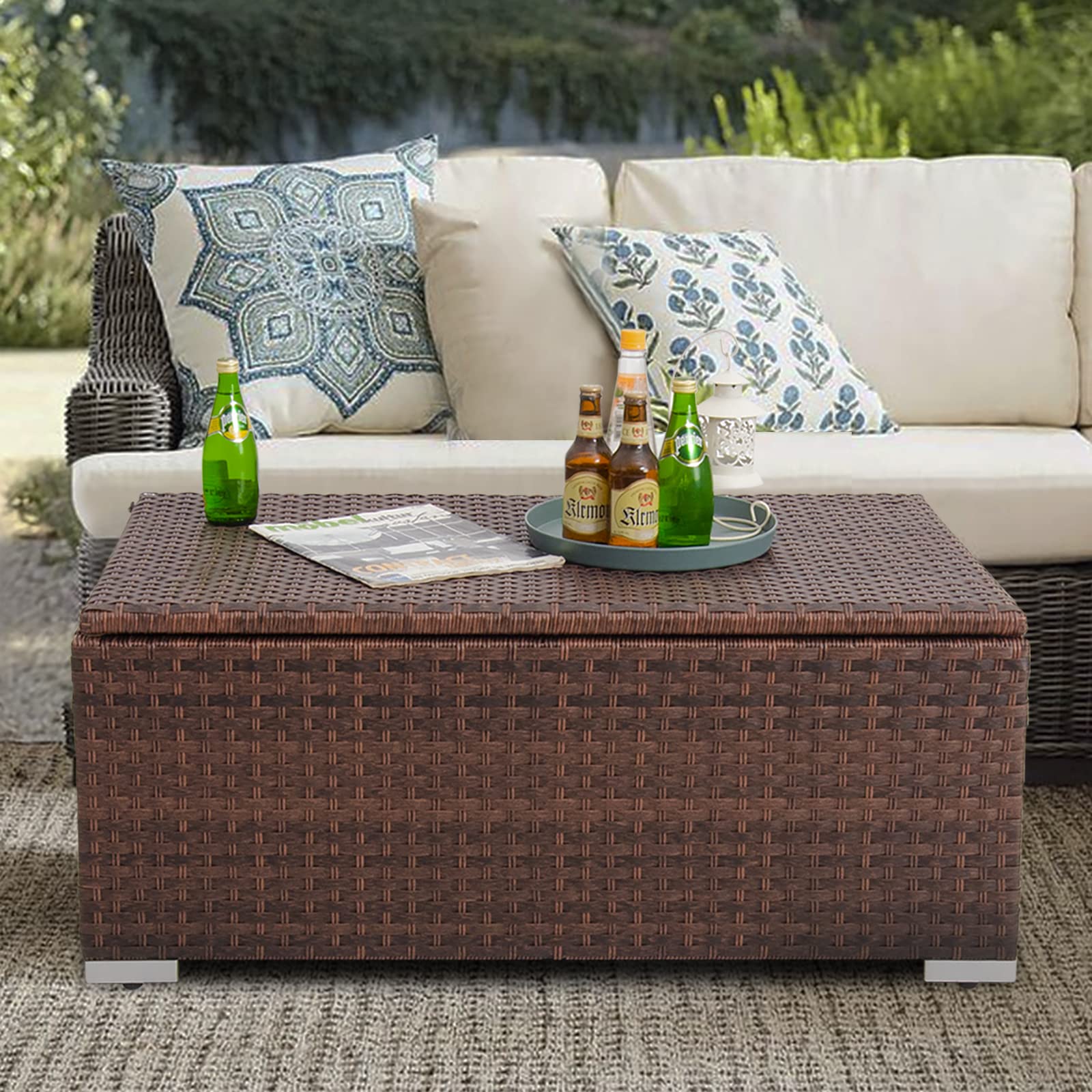 DIMAR GARDEN Outdoor Storage Coffee Table with Waterproof Cover - 42 Gallon Patio Wicker Storage Table in Mixed Brown | Weatherproof Deck Furniture for Garden, Poolside & Backyard Relaxation