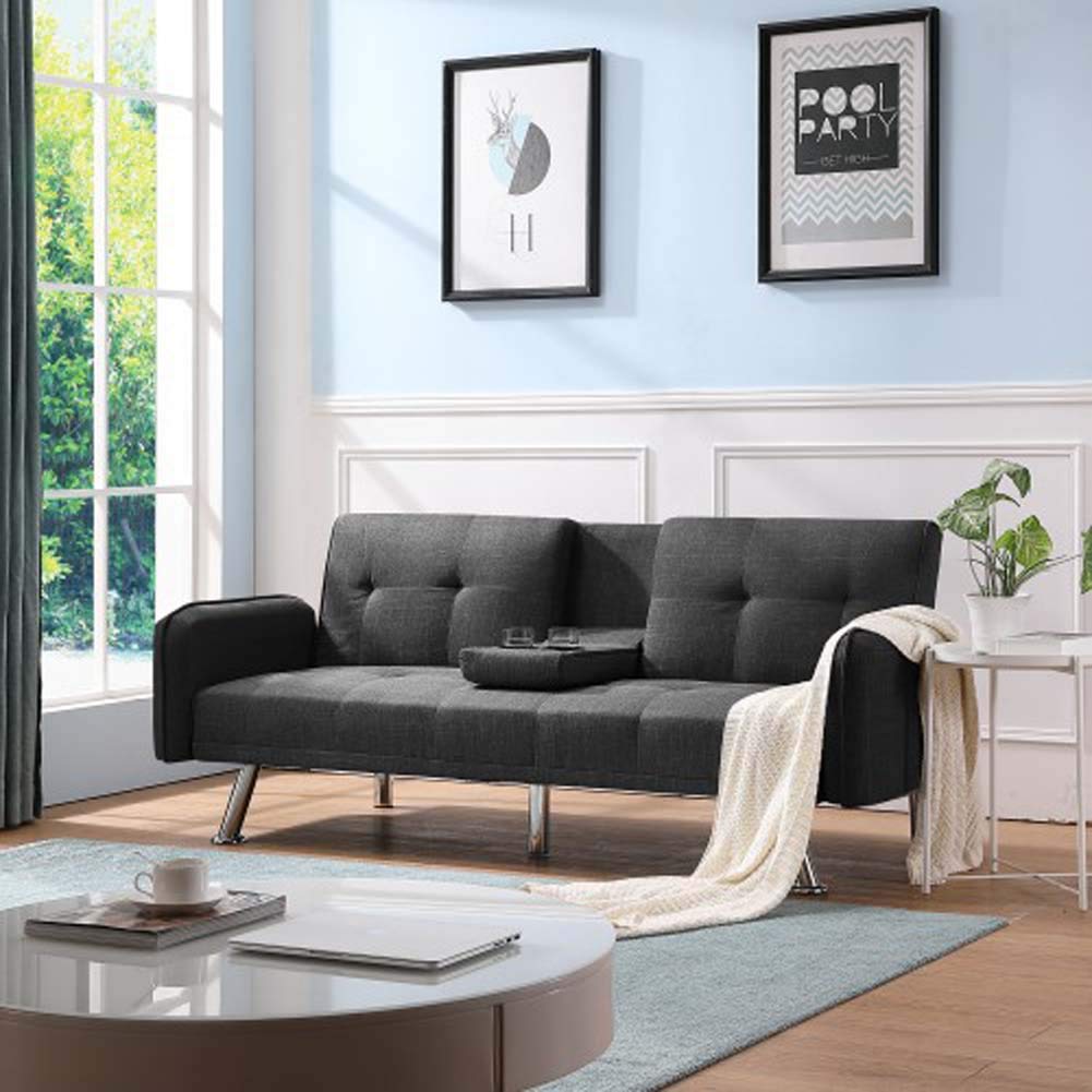 2 in 1 Convertible Fabric Sofa Bed with Storage - Dark Gray Sleeper Couch for Small Spaces, Guest Room & Apartment Living