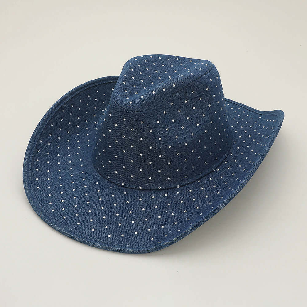 Stylish Blue Denim Western Rhinestone Cowboy Fedora Hat for Men & Women - Perfect for Country Music Festivals, Rodeos, and Western-Themed Parties