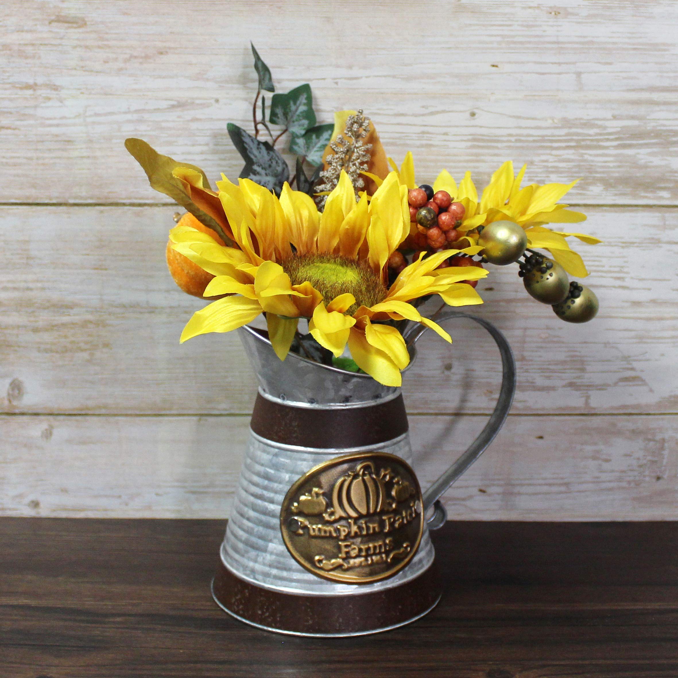 CVHOMEDECO Rustic Artificial Sunflower in Galvanized Metal Milk Pitcher - Farmhouse Sunflower Arrangement for Home & Office Decor - Perfect for Kitchen Countertops, Dining Tables, and Wedding Centerpieces
