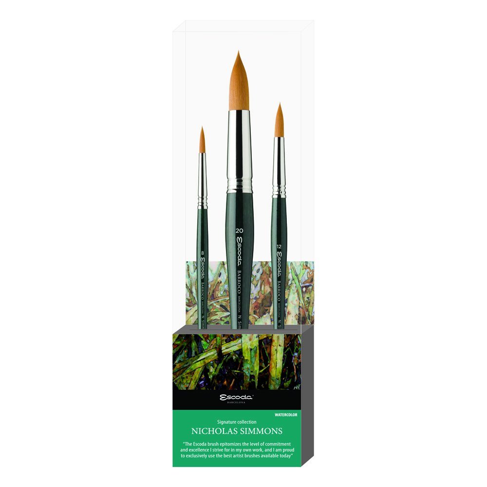 Escoda Signature Artist Watercolor Brush Set - Nicholas Simmons Collection of 3 Professional Paint Brushes for Watercolor, Gouache & Acrylic Painting - Perfect for Artists, Beginners & Art Classes