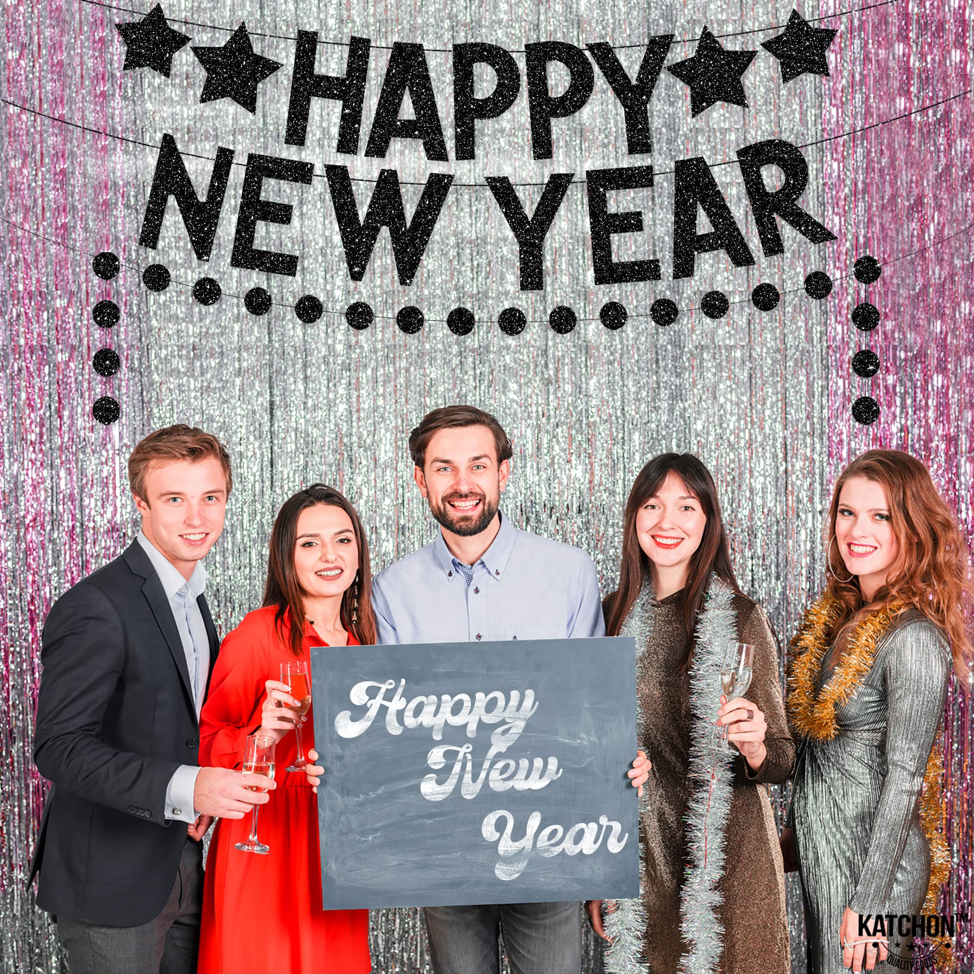 Katchon Glitter Happy New Year Banner 2025 - Black Party Decor with 2 Pre-Assembled Strings | New Year's Eve Party Supplies for Wall Decorations | Perfect for NYE Countdown, Home Celebration & Holiday Photo Backdrop