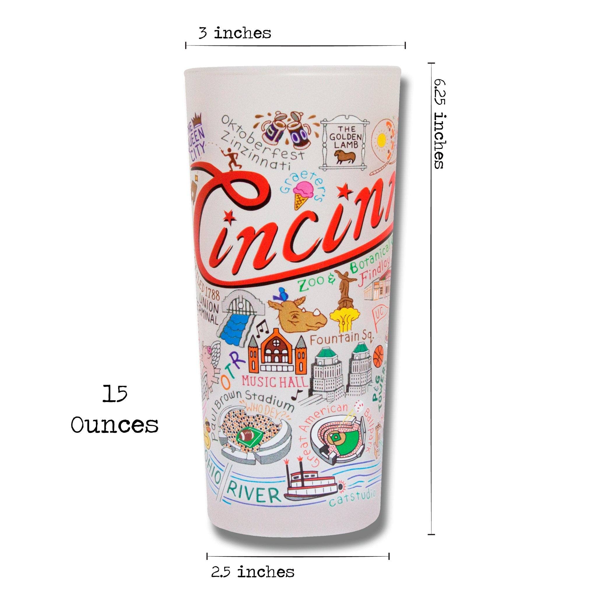 Catstudio Cincinnati Frosted Glass Cup - 15oz Dishwasher Safe Tumbler for Kitchen, Bar & Home Use - Perfect Wedding Gift & Party Drinkware