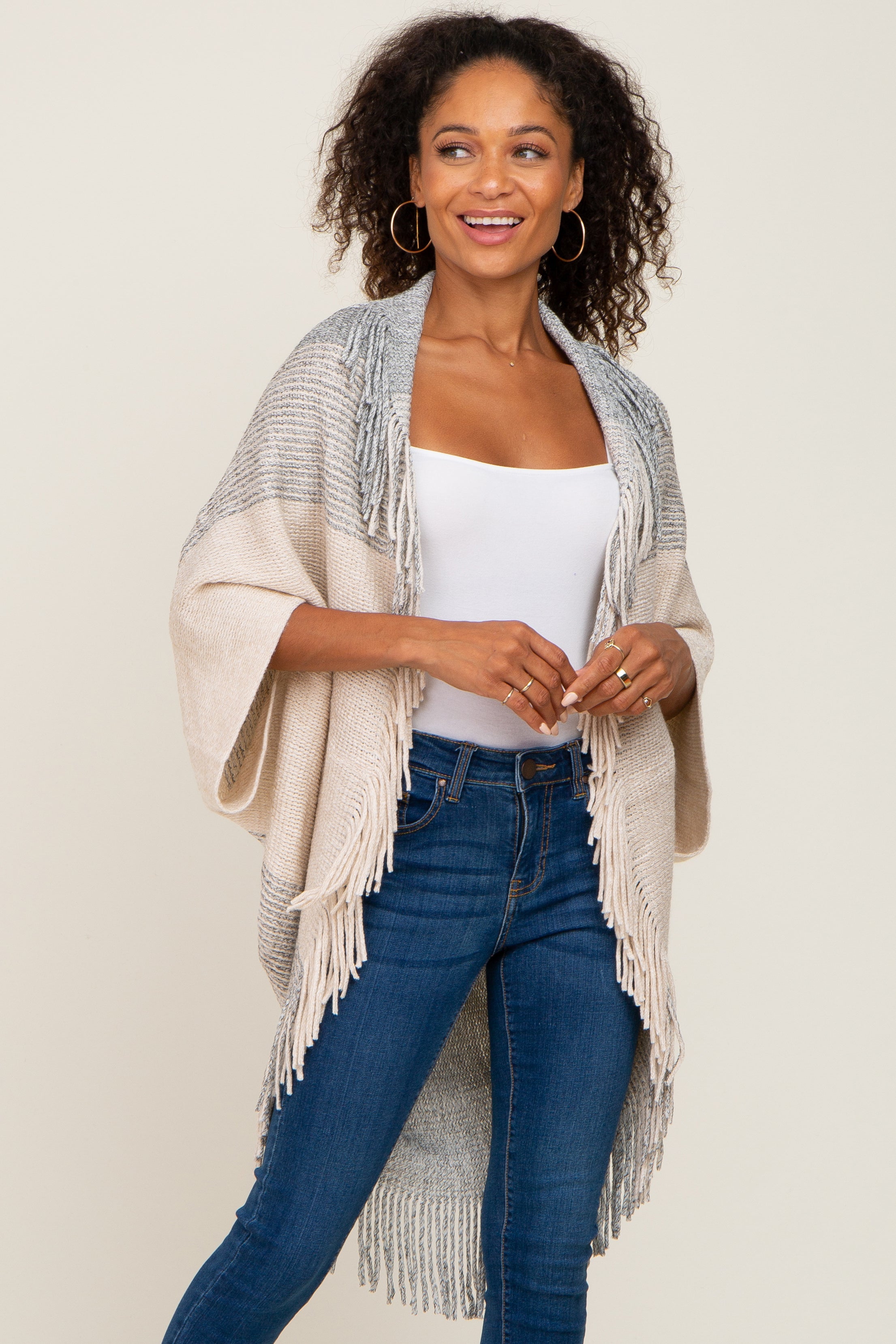 Beige Grey Fringe Knit Maternity Cover Up - Soft Nursing Shawl for Breastfeeding Moms - Perfect for Pregnancy, Hospital, Beach & Photo Shoots