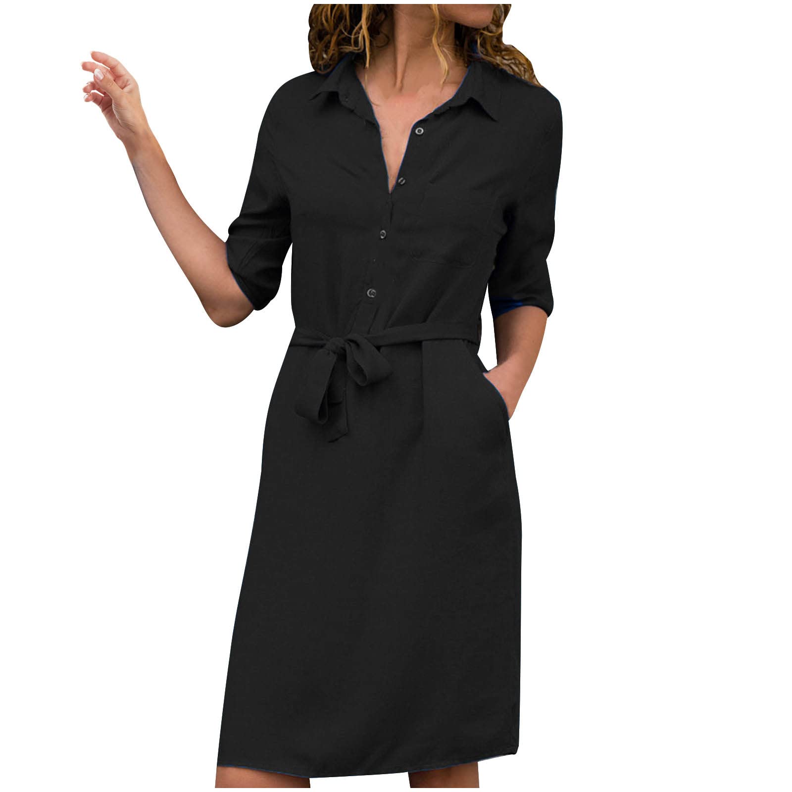 YZHM Women's Long Sleeve Button Up Shirt Dress - V Neck Lapel Belted Knee Length Dress with Pockets | Office Wear, Casual Outfits & Spring Fashion