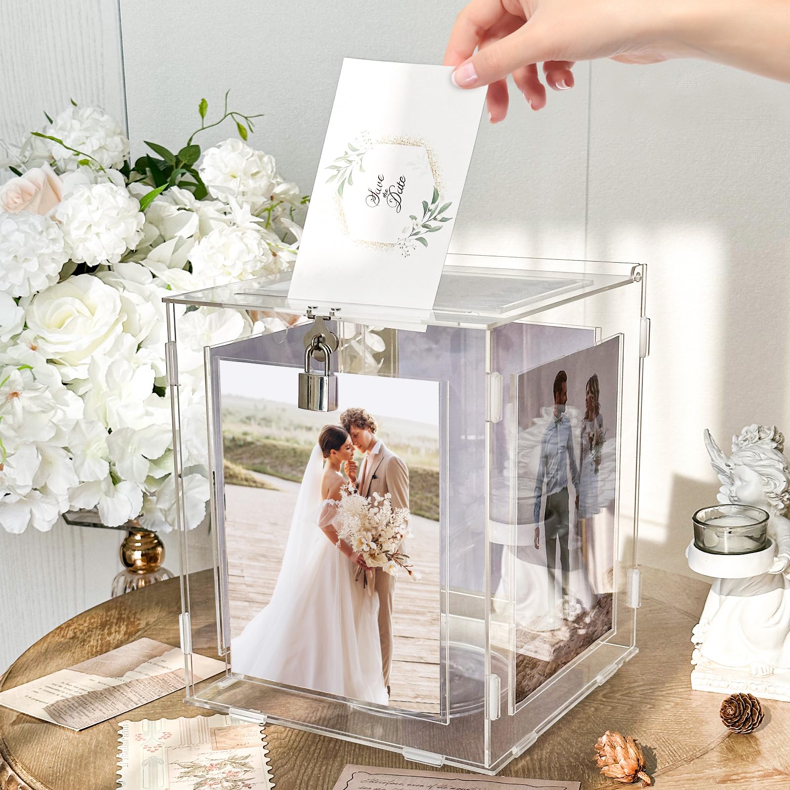 Acrylic Wedding Card Box with Picture Frame - Clear Rotatable Money Gift Card Holder with Lock for Wedding Reception, Graduation, Birthday & Baby Shower - Perfect for Secure Cash & Gift Storage at Special Events