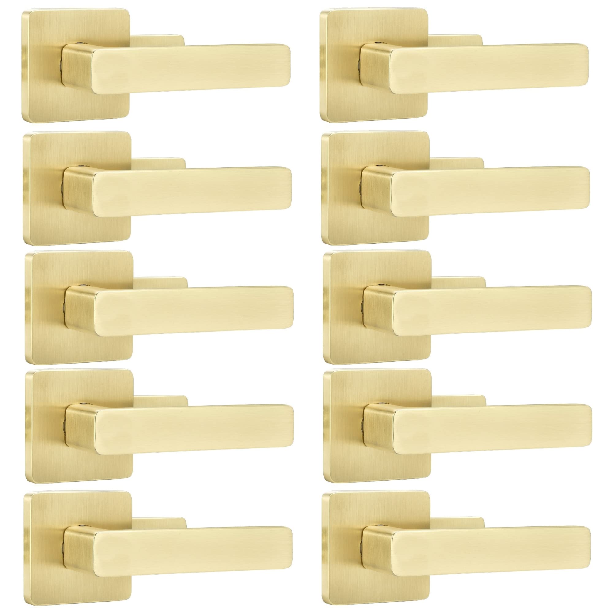 10 Pack Gold Door Knobs - Heavy Duty Dummy Door Handles for Closets & French Doors - Non-Turning Door Levers with Satin Brass Finish - Perfect for Home, Office & Cabinet Doors