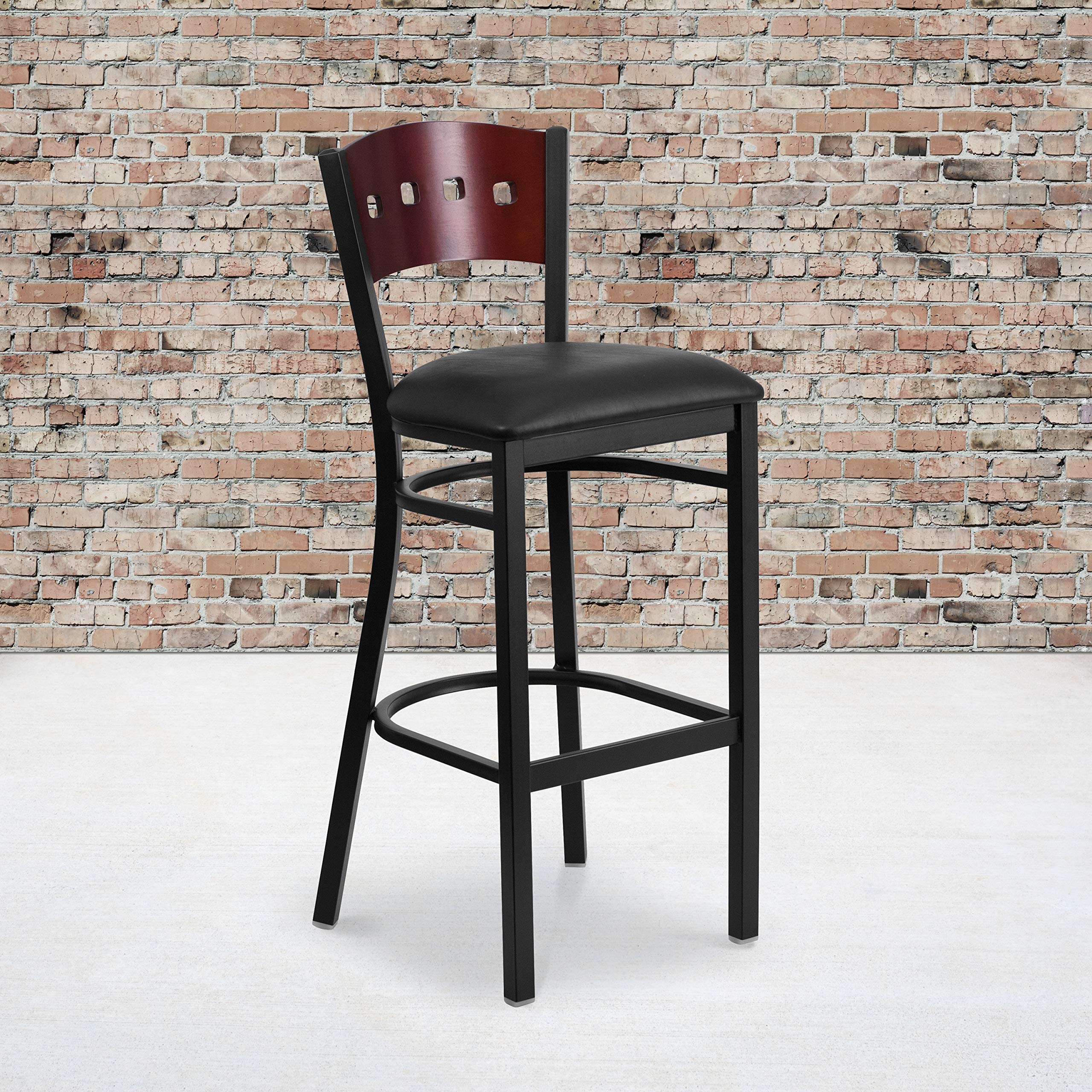 2 Pack Black Metal Bar Stools with 4 Square Back & Mahogany Wood Frame - Vinyl Upholstered Counter Height Stools for Kitchen Island, Breakfast Bar, and Home Decor