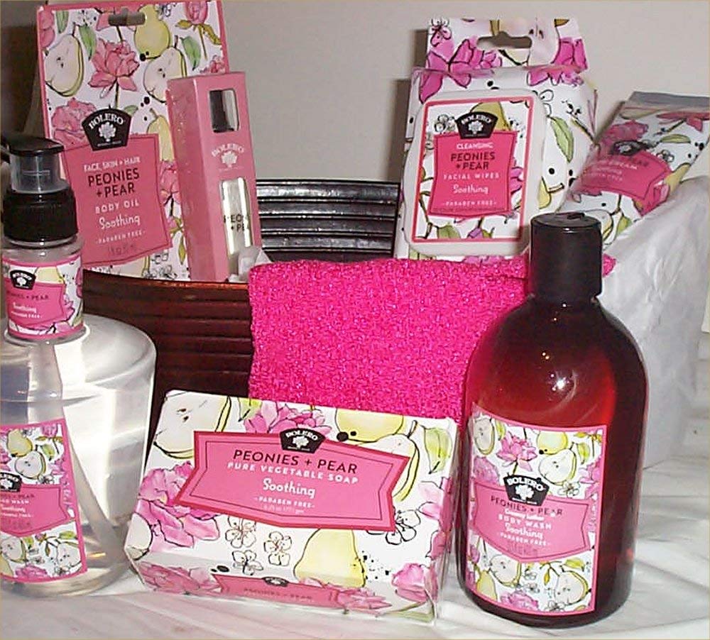 Luxury Spa Gift Basket for Women - Peony Scented Bath & Body Set with Pear Soap, Wash Gloves, Lotion & Fizzing Bath Salts in Decorative Tin | Perfect Birthday, Mother's Day & Self-Care Gifts