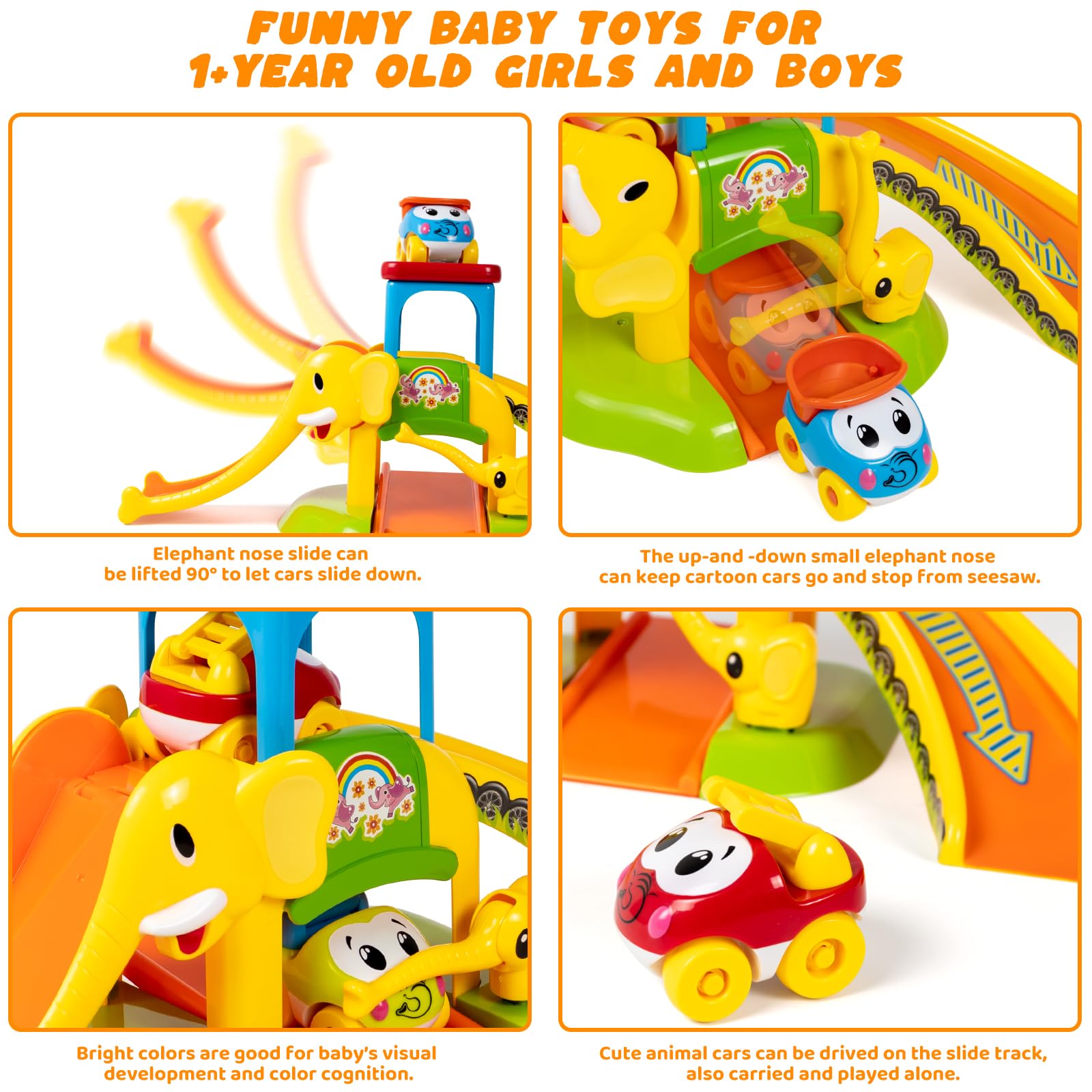 Marstone Educational Elephant Slide & 4 Animal Cars Toy Set - Toddler Learning Push Truck Track for 1-2 Year Old Boys & Girls | First Birthday Gift for 12-18 Months Baby | Perfect for Early Childhood Development & Indoor Playtime
