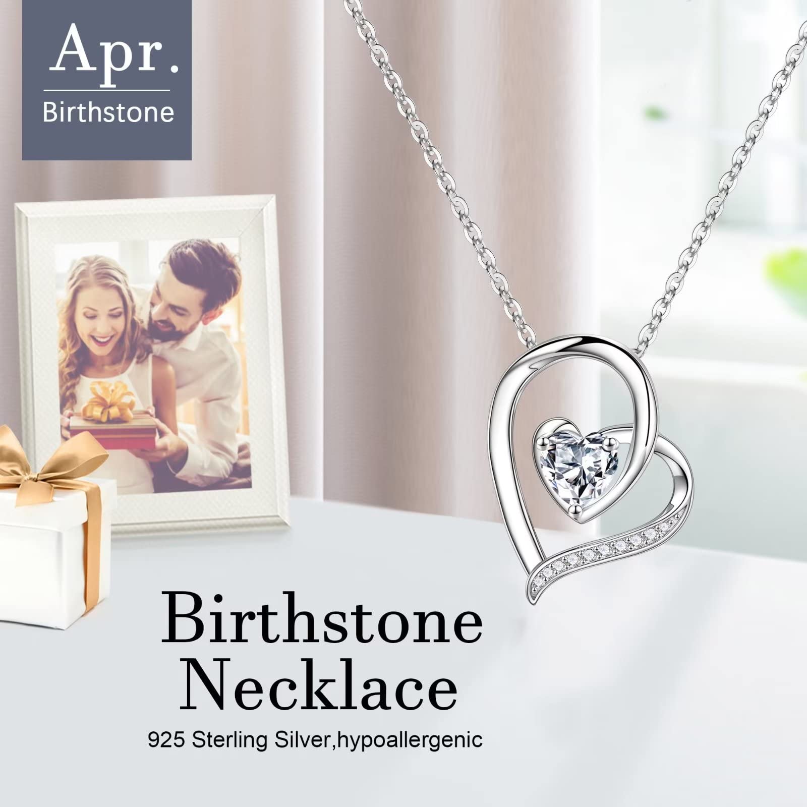 Iefil 925 Sterling Silver Heart Birthstone Necklace for Women - Personalized Mothers Day Gifts, Anniversary & Birthday Jewelry for Wife, Mom | Elegant Pendant Necklace for Everyday Wear & Special Occasions