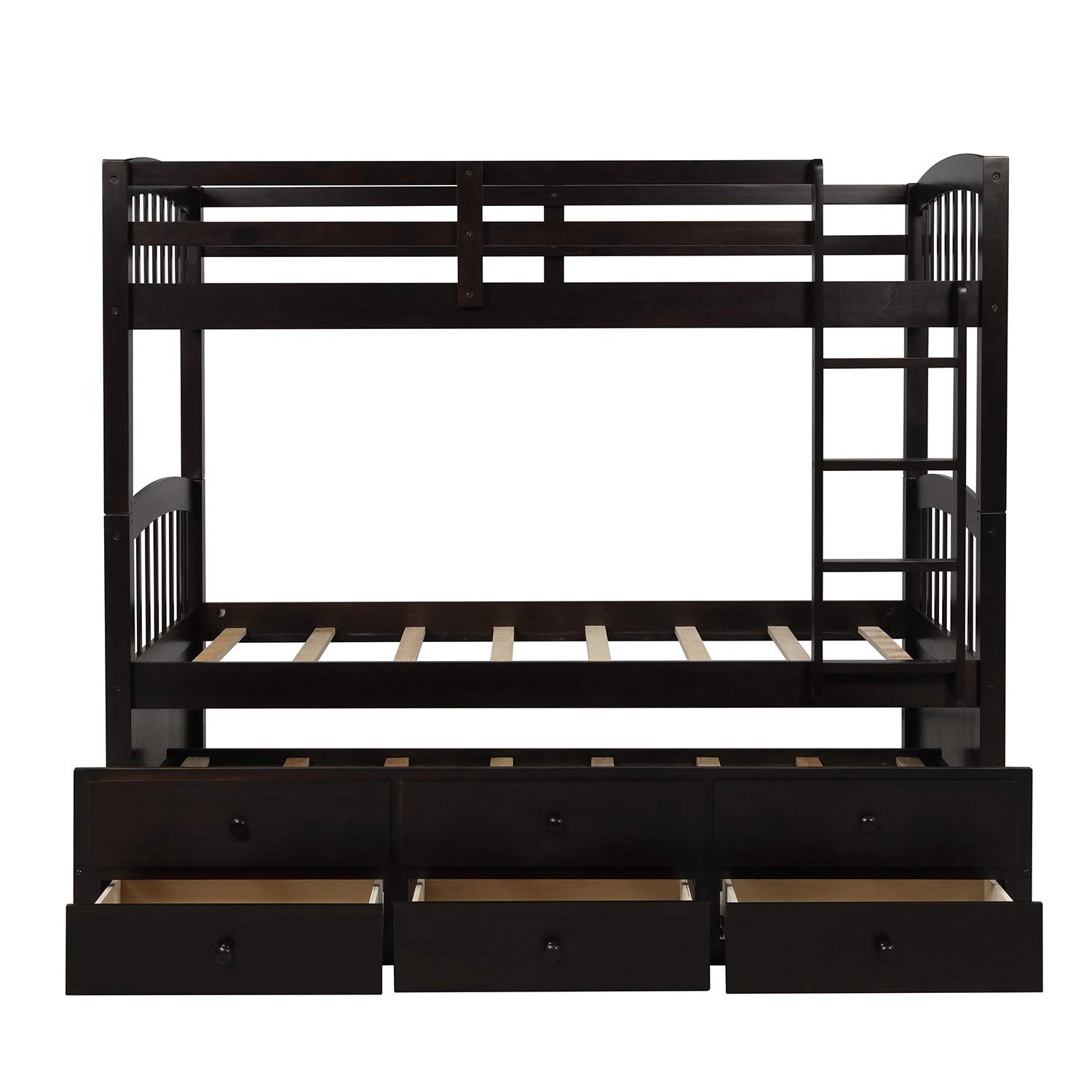 Harper&Bright Designs Twin-Over-Twin Bunk Bed with Safety Rail & Ladder, Twin Trundle Bed Frame with 3 Drawers - Space Saving Kids & Teens Bedroom Furniture, Guest Room Solution in Dark Espresso Finish - Perfect for Small Rooms, Sleepovers & Vacation Homes