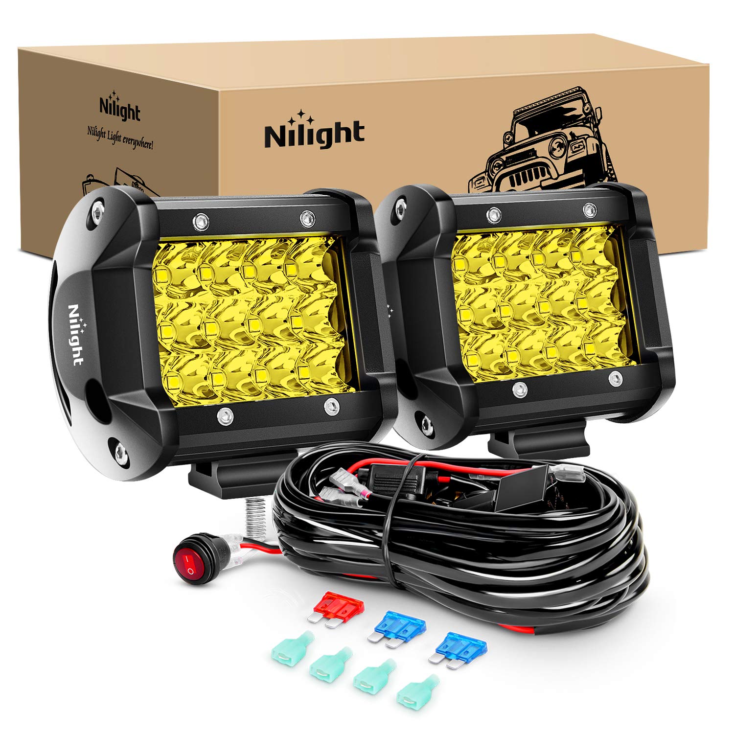 Nilight 4 Inch 36W Amber Triple Row Spot LED Light Bar - 2PCS 3600LM Waterproof Off Road Lights with 16AWG Wiring Harness Kit - 2 Year Warranty - Perfect for Trucks, Jeeps, ATVs & Off-Road Vehicles