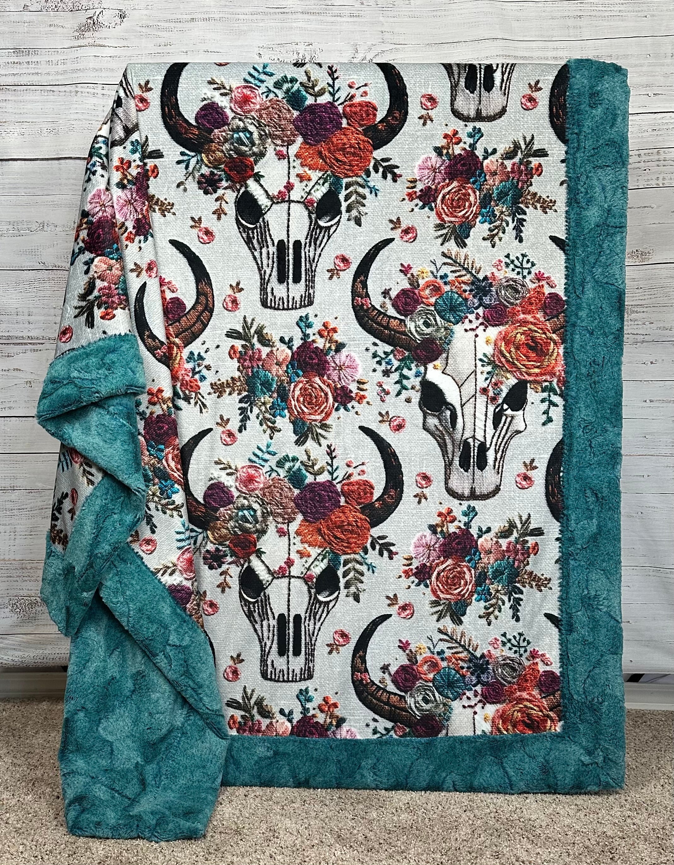 Western Floral Skull Embroidery Print Minky Blanket 55x79 Inches - Soft Luxe Lagoon Blue Throw Blanket for Couch, Bed, Sofa, Gift & Home Decor