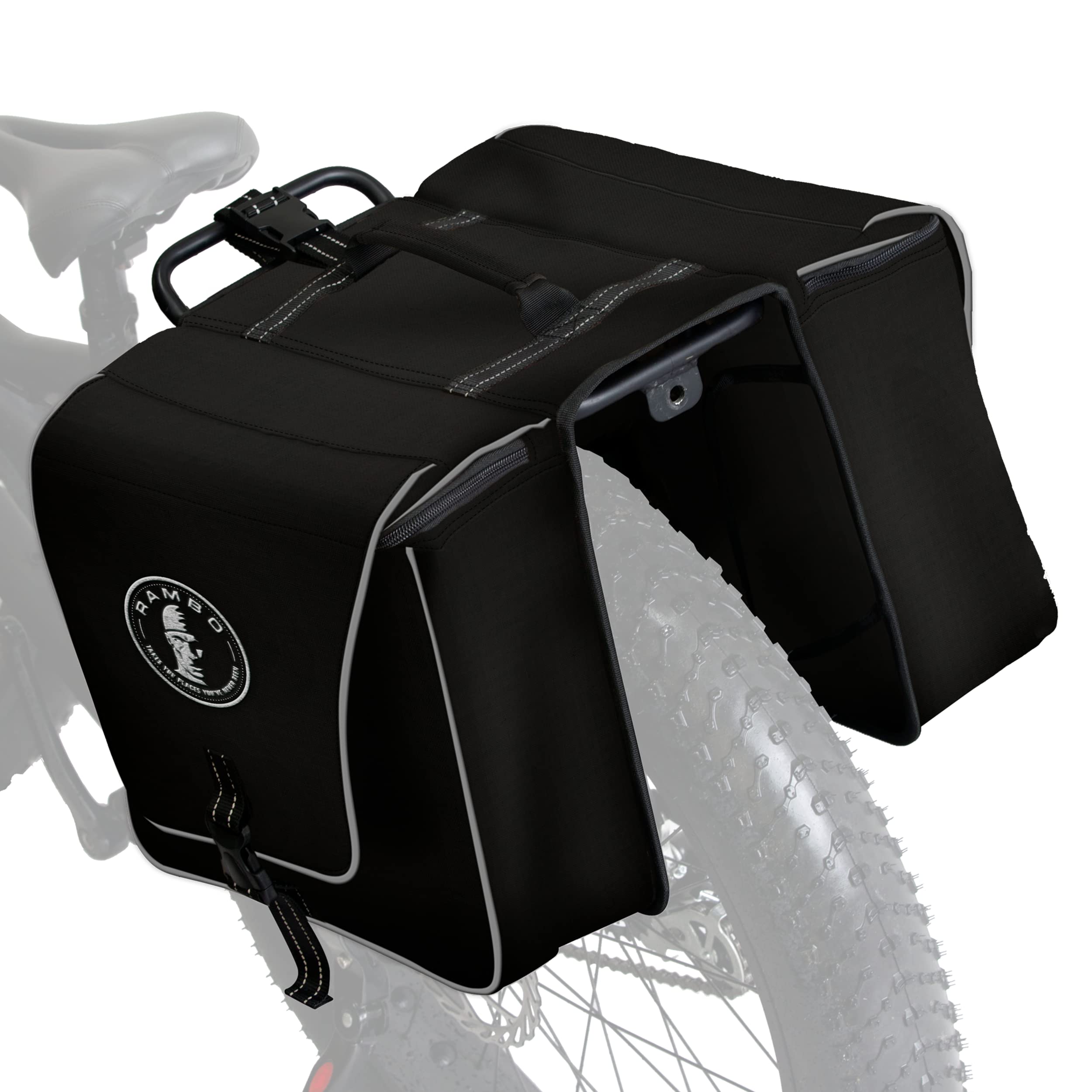 **Rambo Bikes Double Saddle Bag - 20L Waterproof Bike Storage Bag - Durable Nylon Material & Secure Mounting System - Fits Most Bike Racks - Black - Perfect for Commuting, Cycling Tours & Outdoor Adventures**