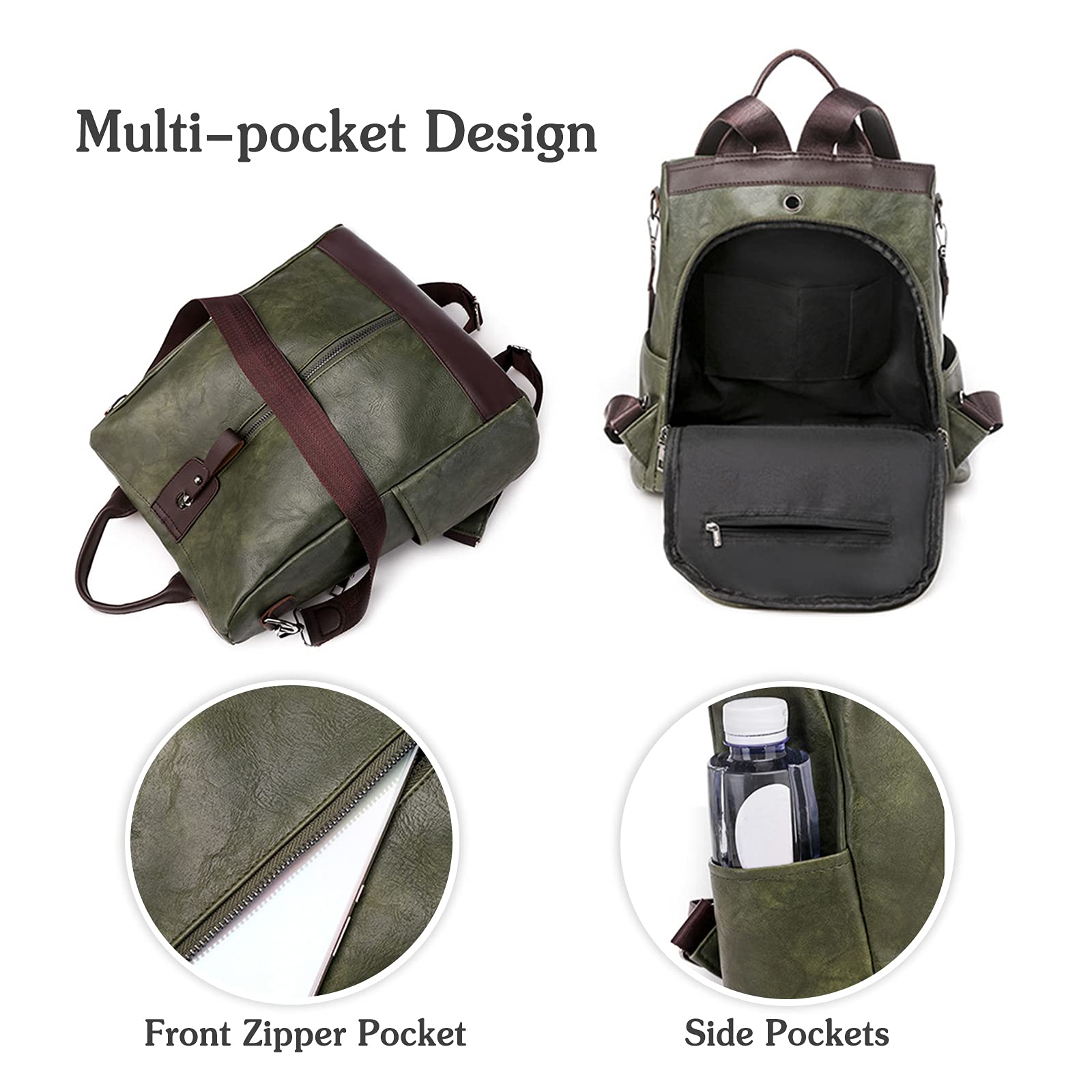 PORRASSO Anti-Theft Women's Backpack - Waterproof PU Leather Daypack with Earphone Hole & Shoulder Straps - Stylish Rucksack for School, Work, Travel & Outdoor Activities