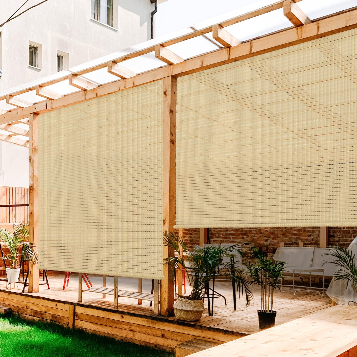 Outdoor Roller Shades 8'W x 6.5'H - Beige Hollow Out Sunshade Window Blinds for Porch, Deck, Patio, Balcony & Pergola - UV Protection & Privacy Screen - Perfect for Backyard, Gazebo and Outdoor Living Spaces