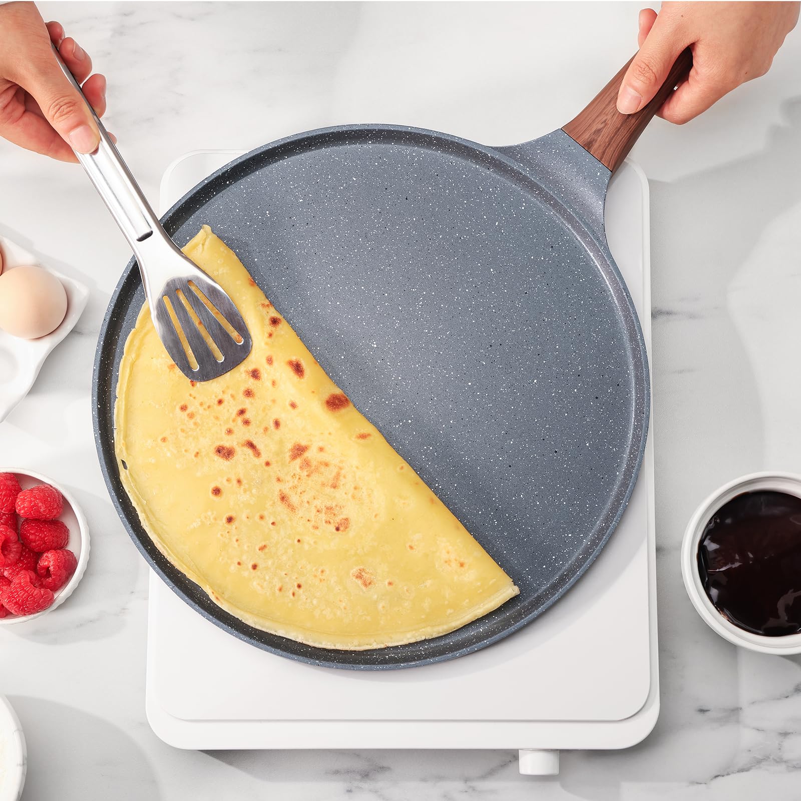 **SENSARTE 10-Inch Nonstick Crepe Pan - Swiss Granite Coating, Induction Compatible, PFOA Free - Perfect for Pancakes, Dosas, Flatbreads & More**    **Use Cases:** Ideal for making crepes, pancakes, dosas, omelets, quesadillas, and other delicate dishes with effortless nonstick performance.