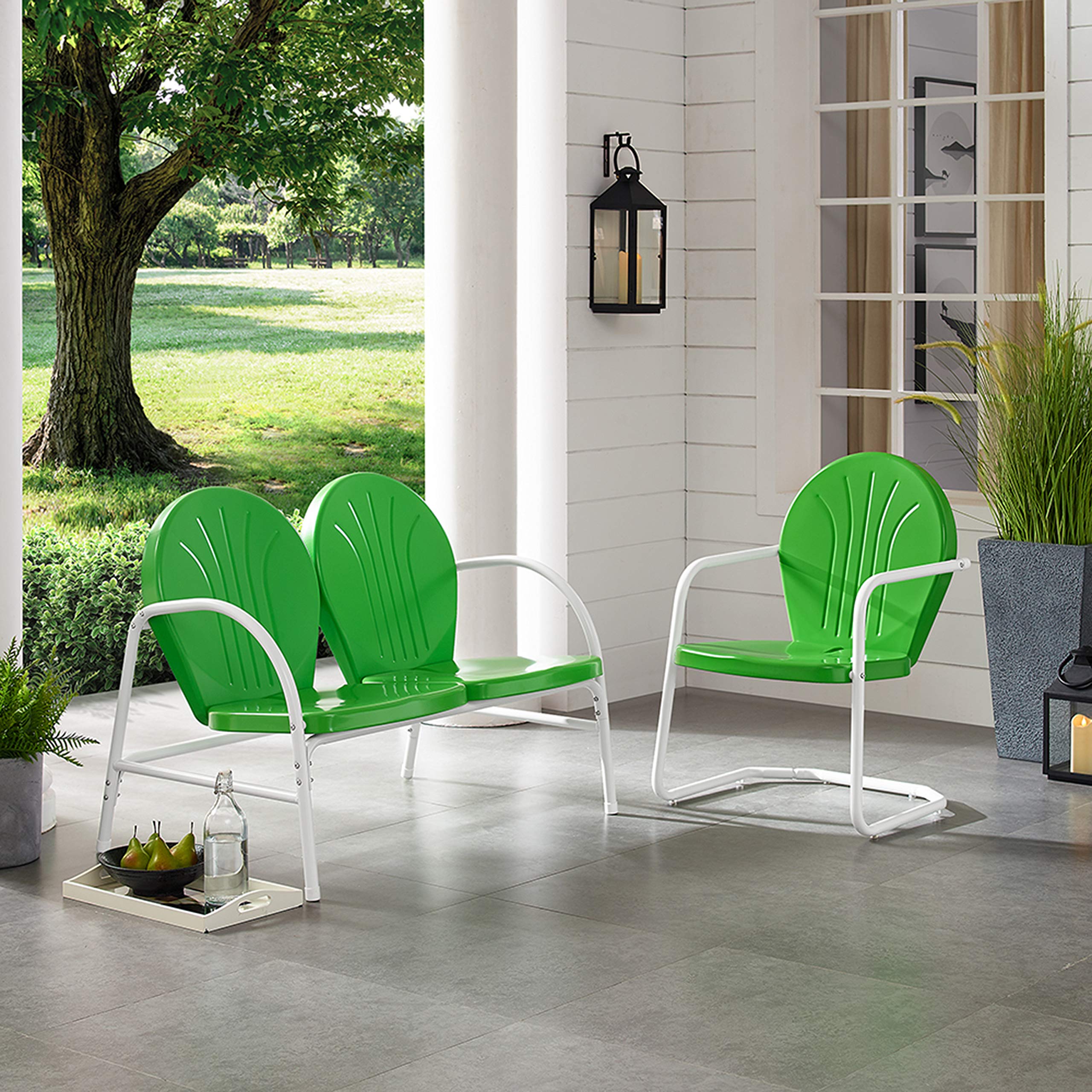 Crosley Griffith 2-Piece Retro Metal Outdoor Chair & Loveseat Set - Grasshopper Green Patio Furniture for Porch, Garden, Backyard & Poolside Relaxation